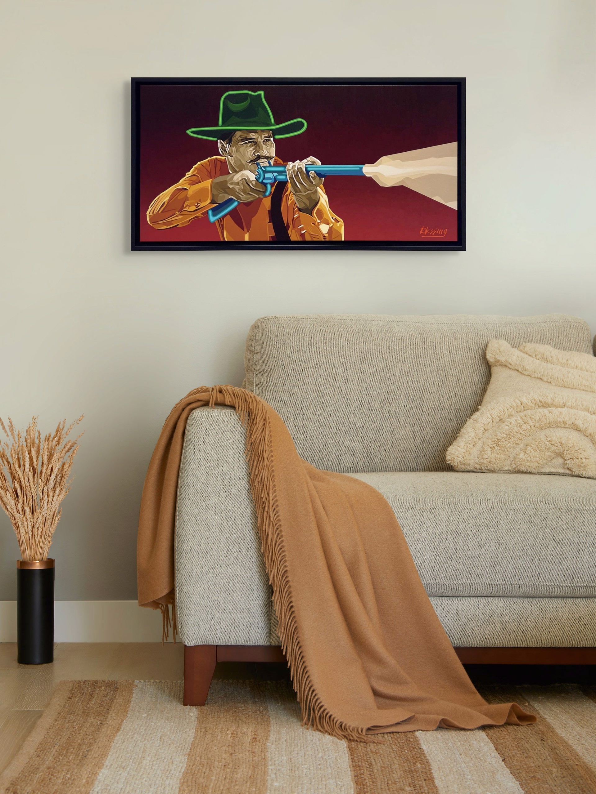 A stylized portrait of a figure in a cowboy hat aiming a blue revolver at an unseen target.