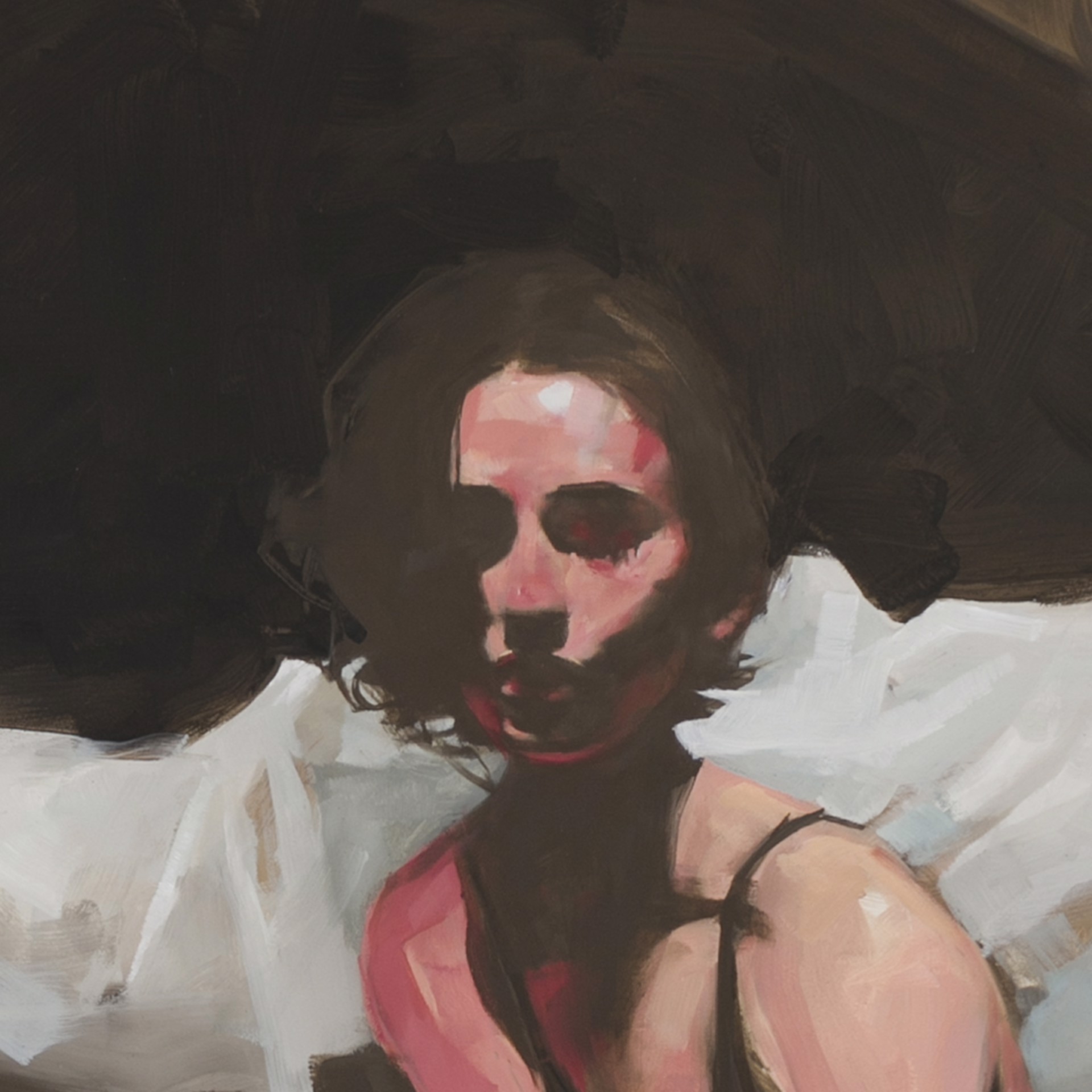 A figure sits on a bed in a dimly lit, intimate bedroom scene.