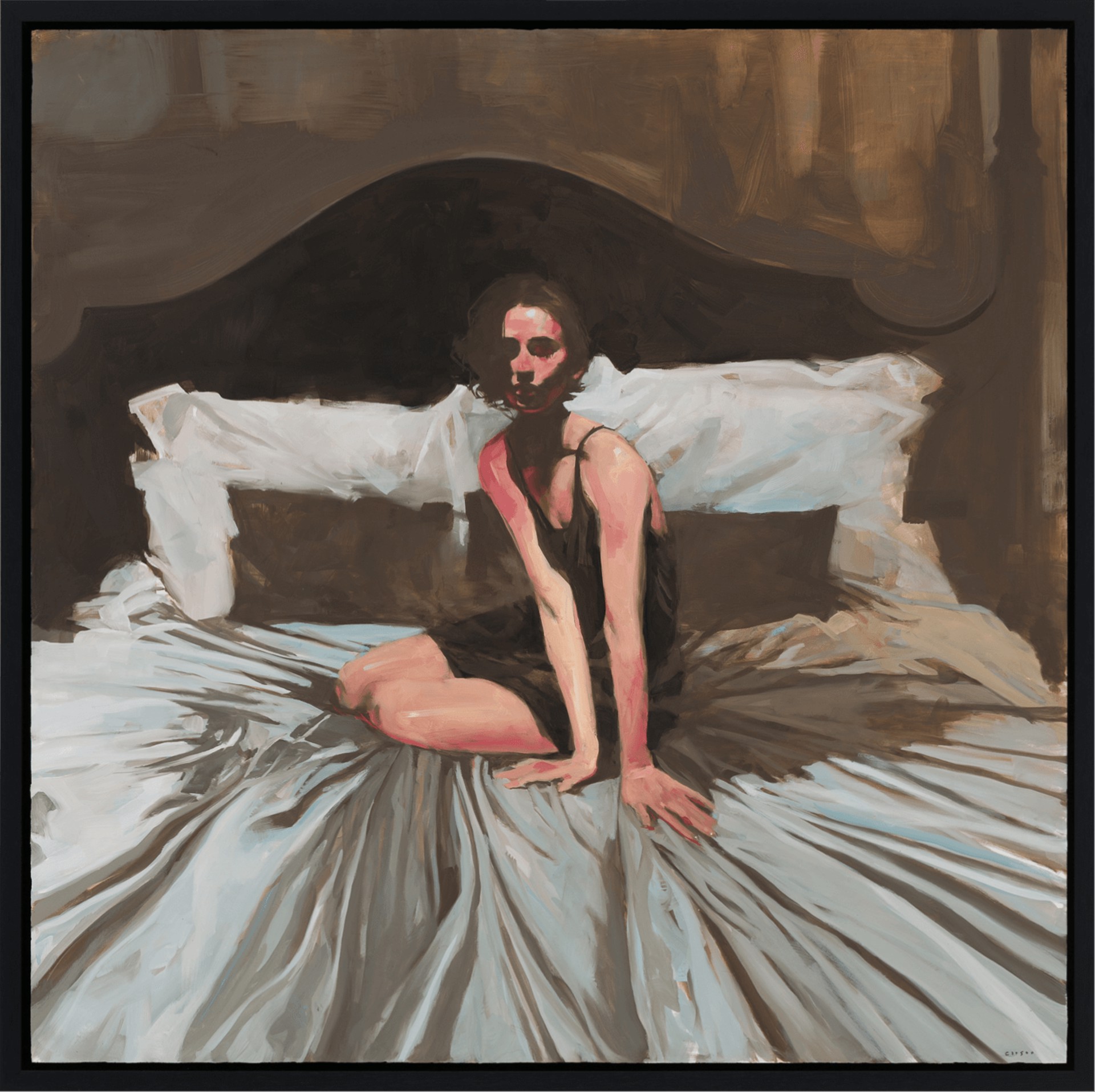 A figure sits on a bed in a dimly lit, intimate bedroom scene.