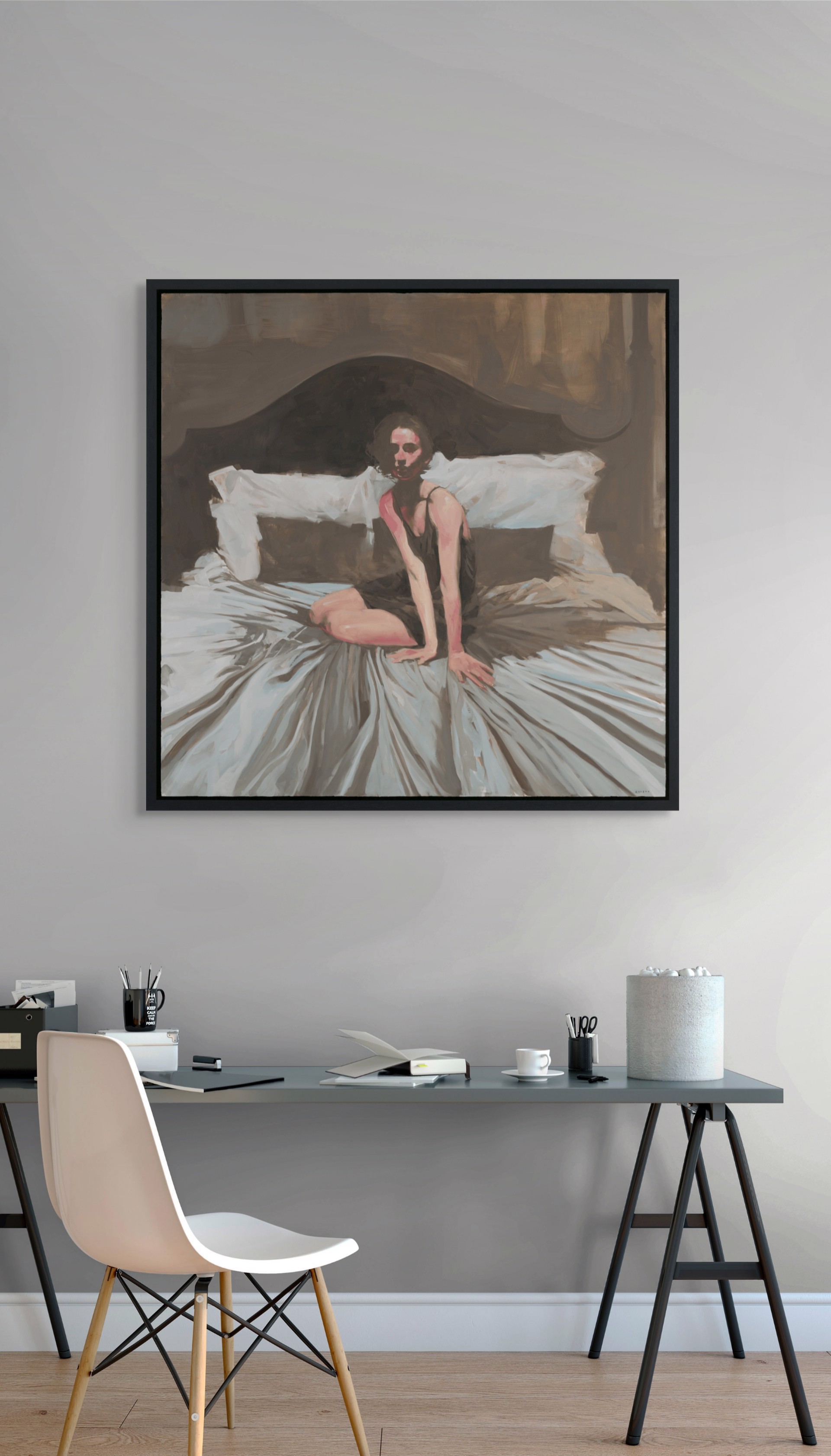 A figure sits on a bed in a dimly lit, intimate bedroom scene.