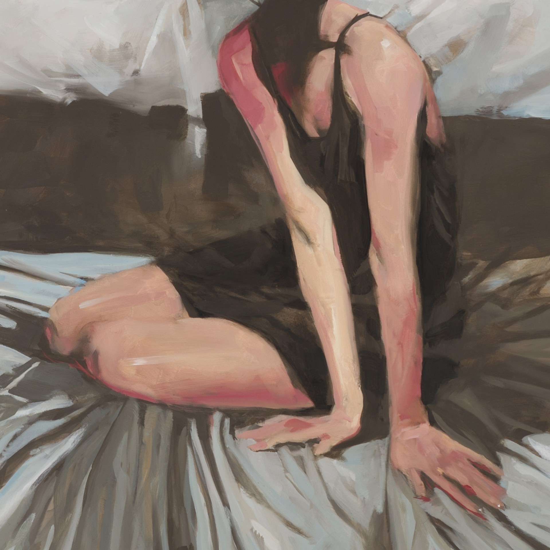 A figure sits on a bed in a dimly lit, intimate bedroom scene.