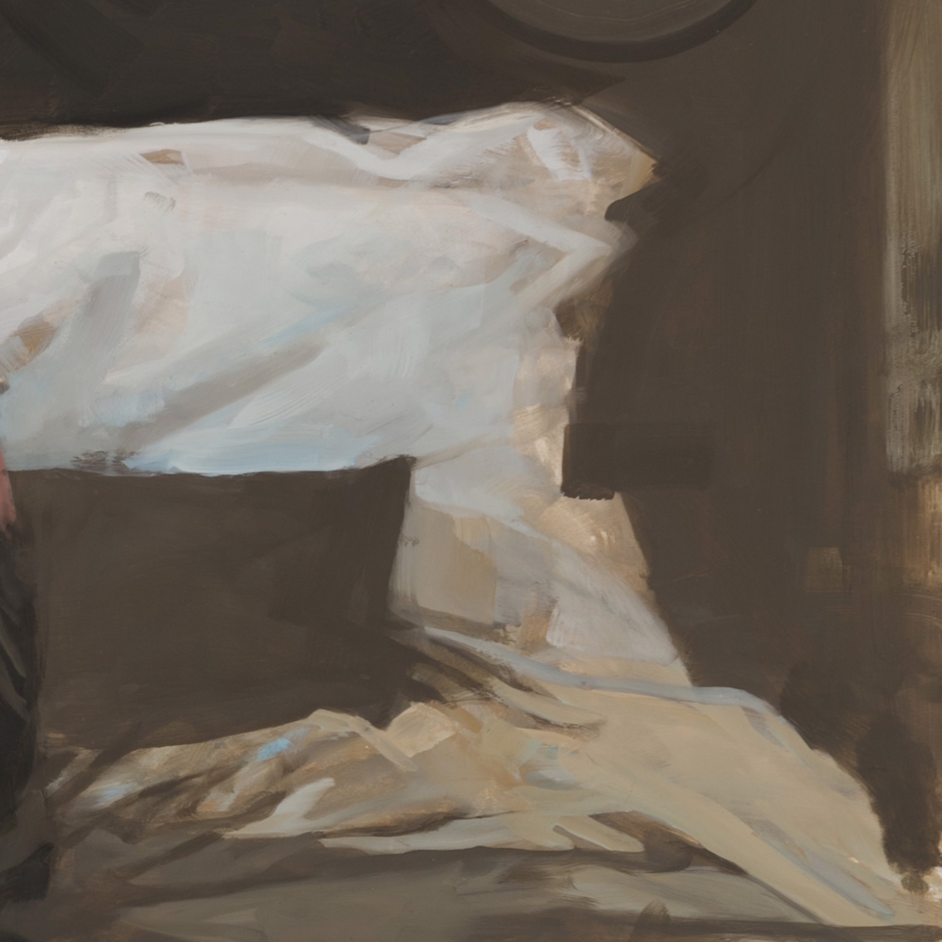 A figure sits on a bed in a dimly lit, intimate bedroom scene.