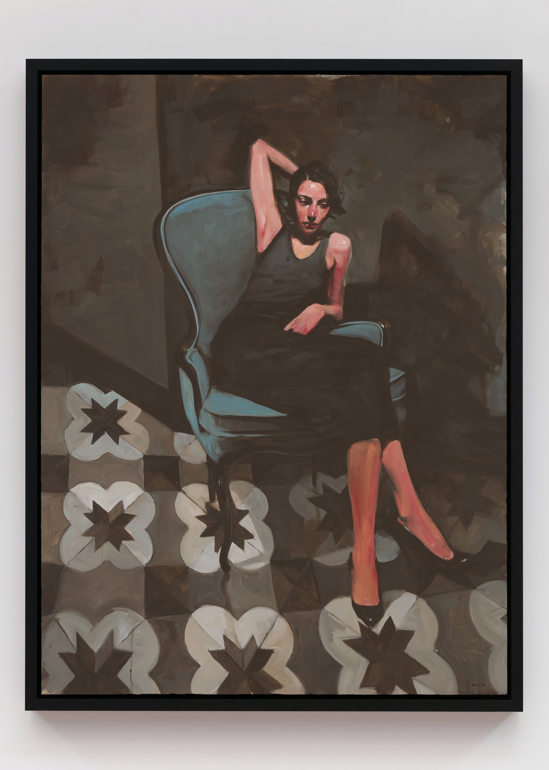 A painting of a woman sitting in a blue chair.