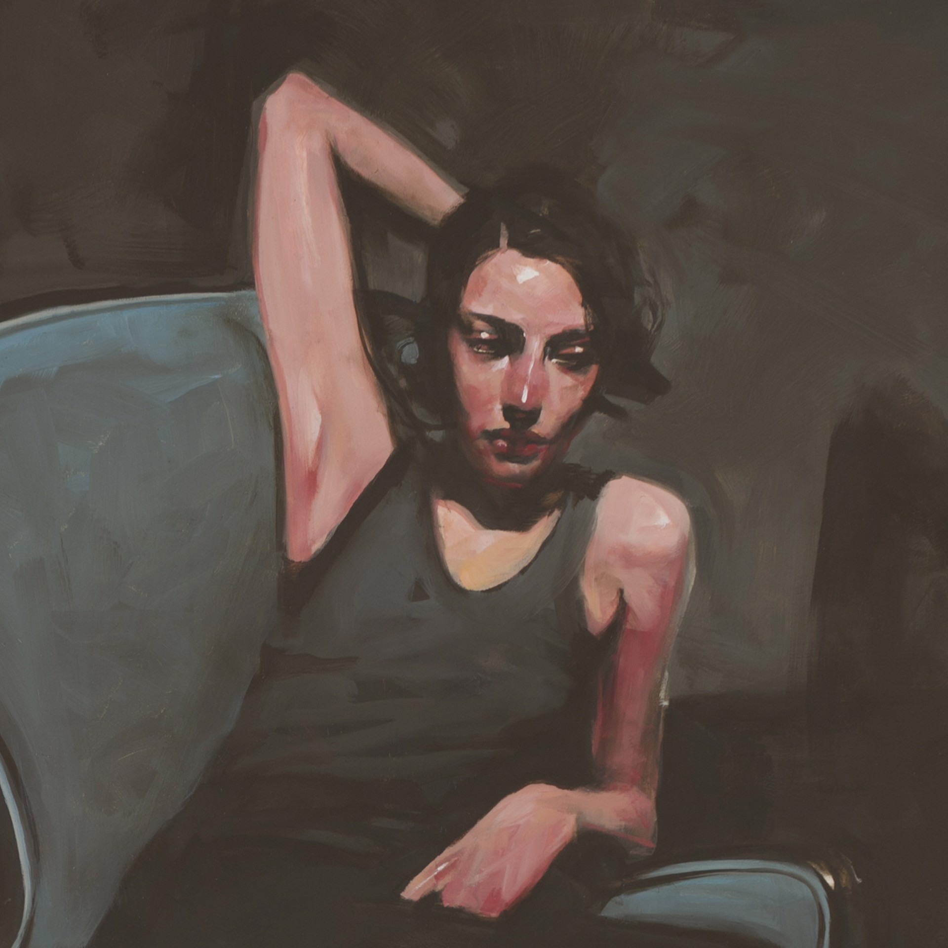 A painting of a woman sitting in a blue chair.