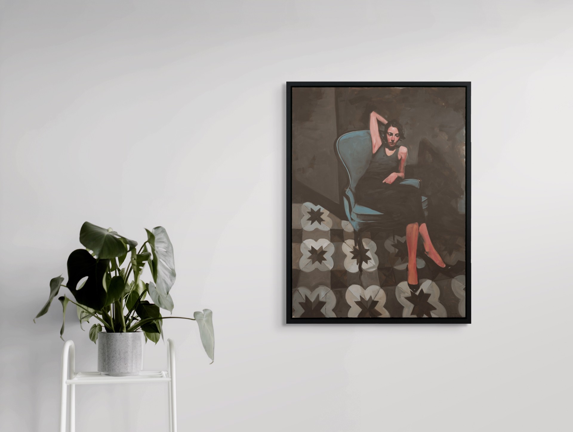 A painting of a woman sitting in a blue chair.