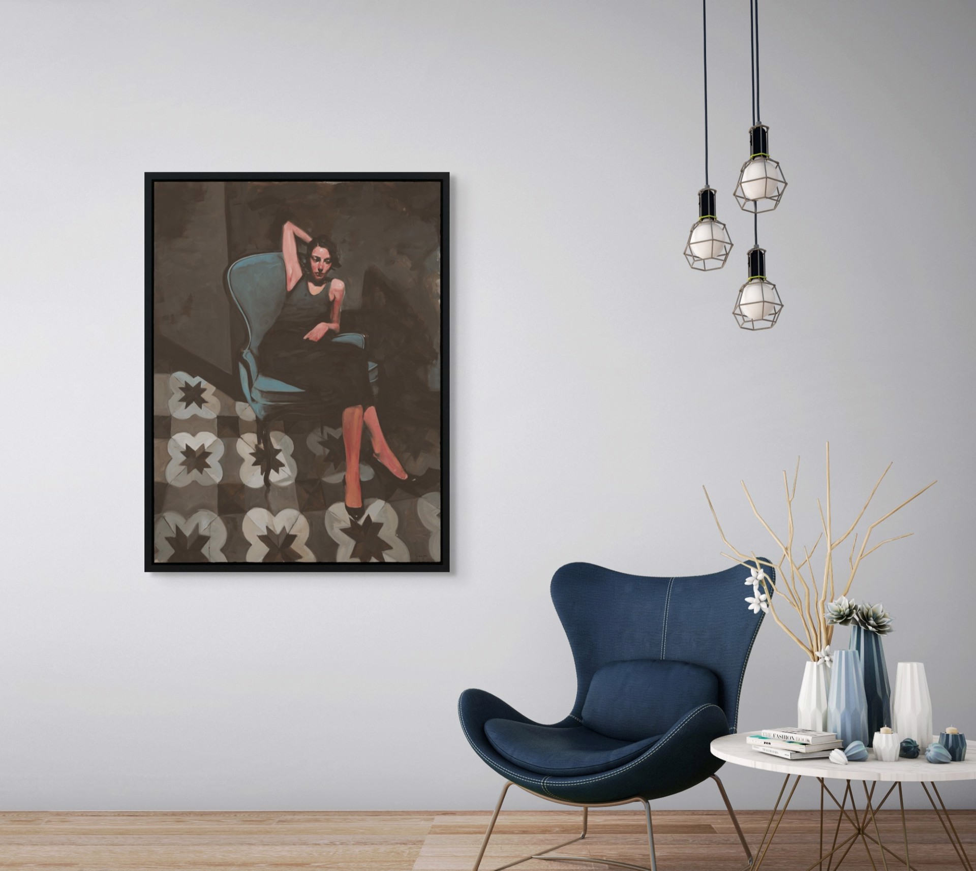 A painting of a woman sitting in a blue chair.
