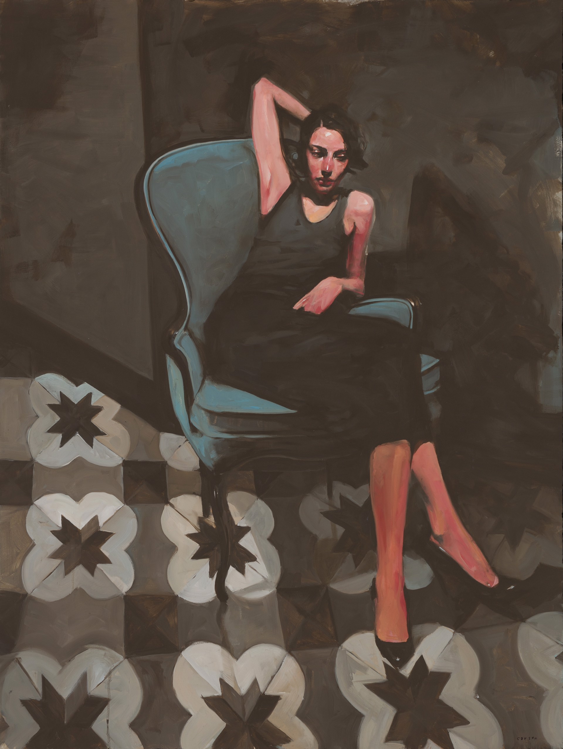 A painting of a woman sitting in a blue chair.