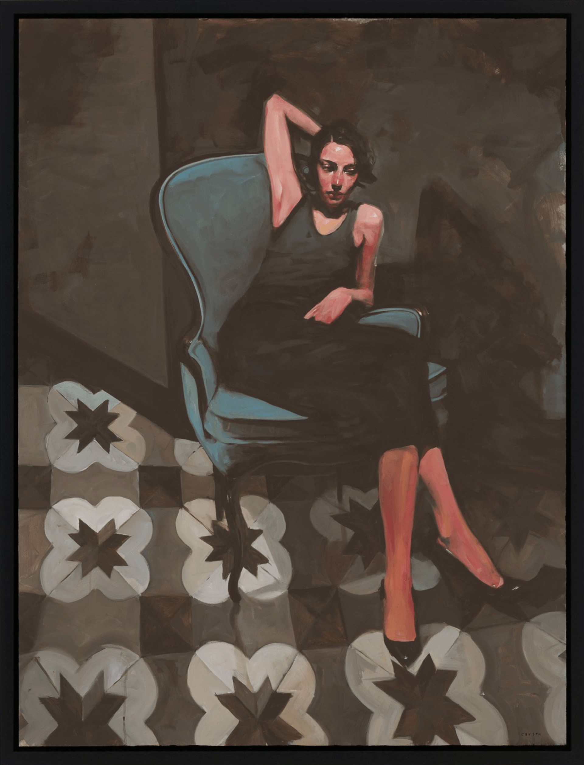 A painting of a woman sitting in a blue chair.