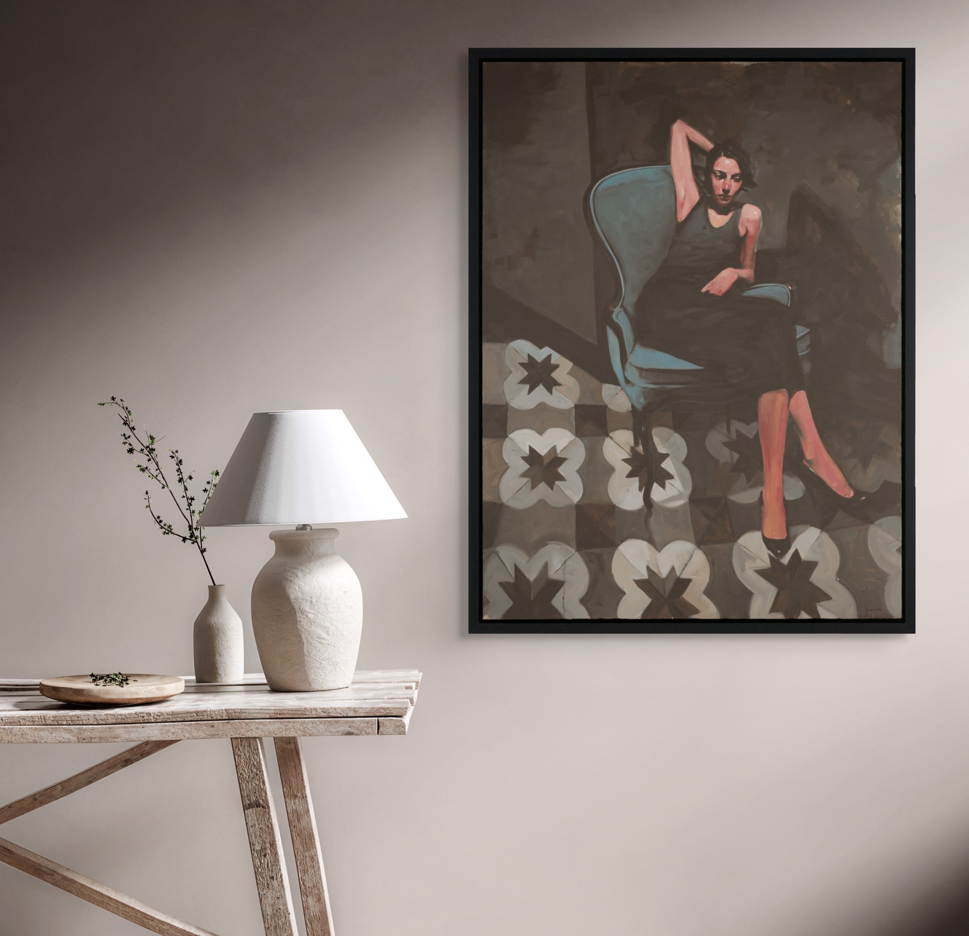 A painting of a woman sitting in a blue chair.