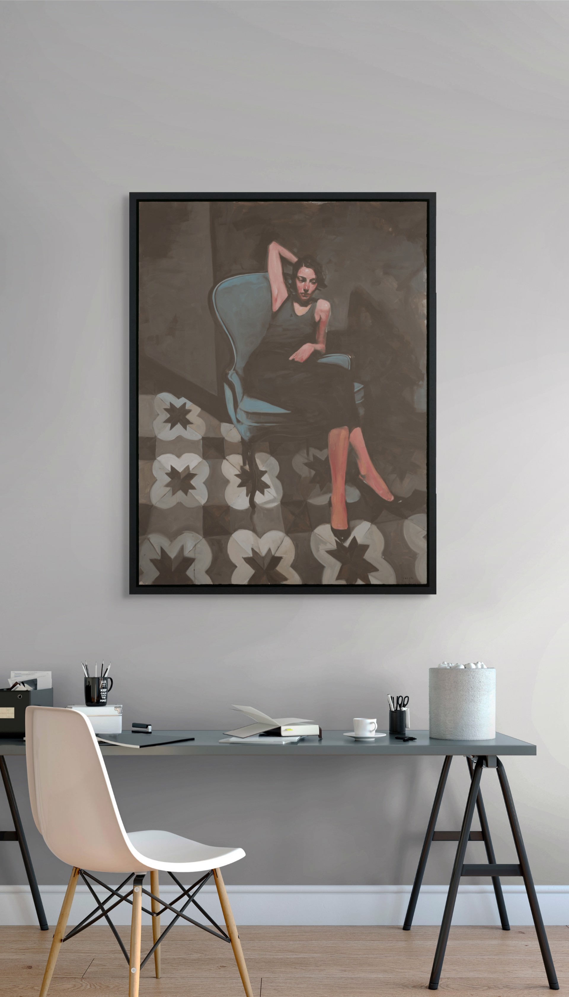 A painting of a woman sitting in a blue chair.