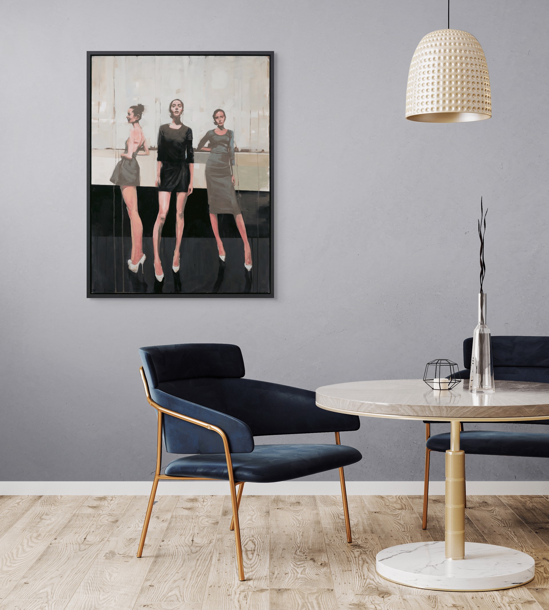 A painting of three women standing next to each other.