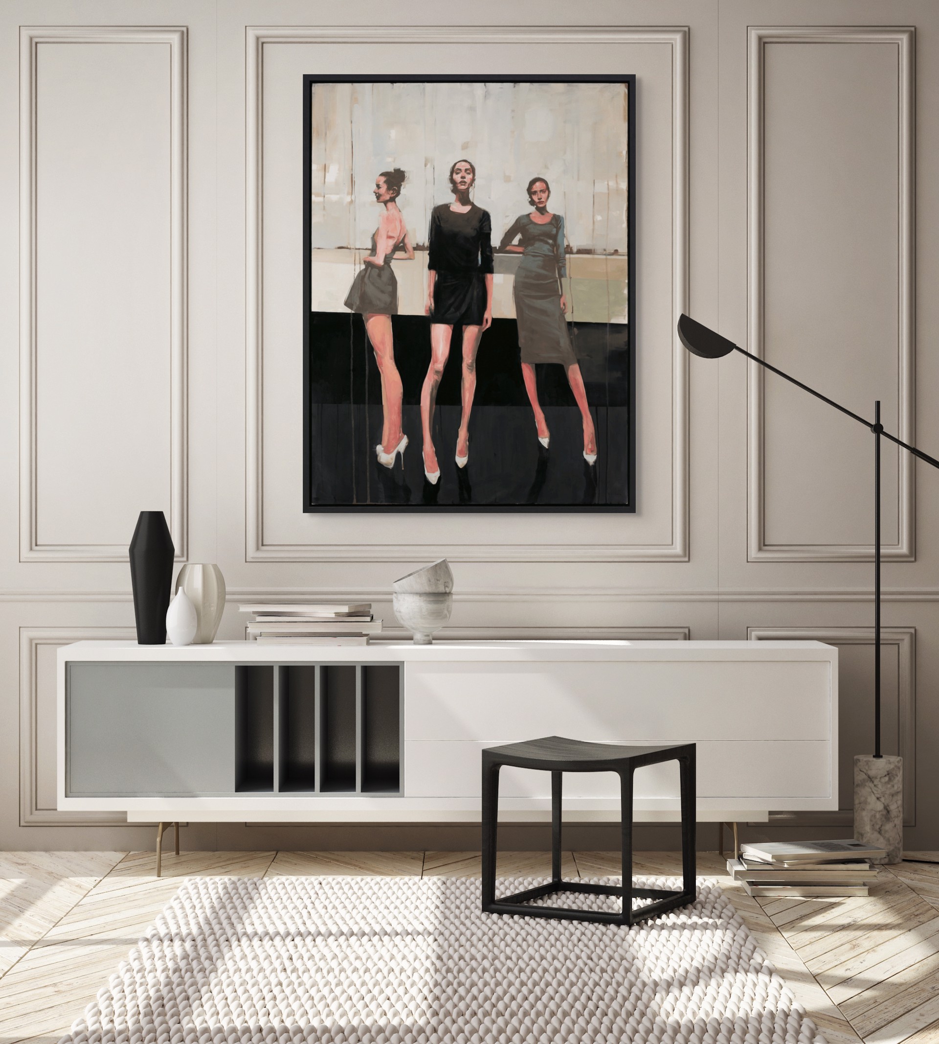 A painting of three women standing next to each other.