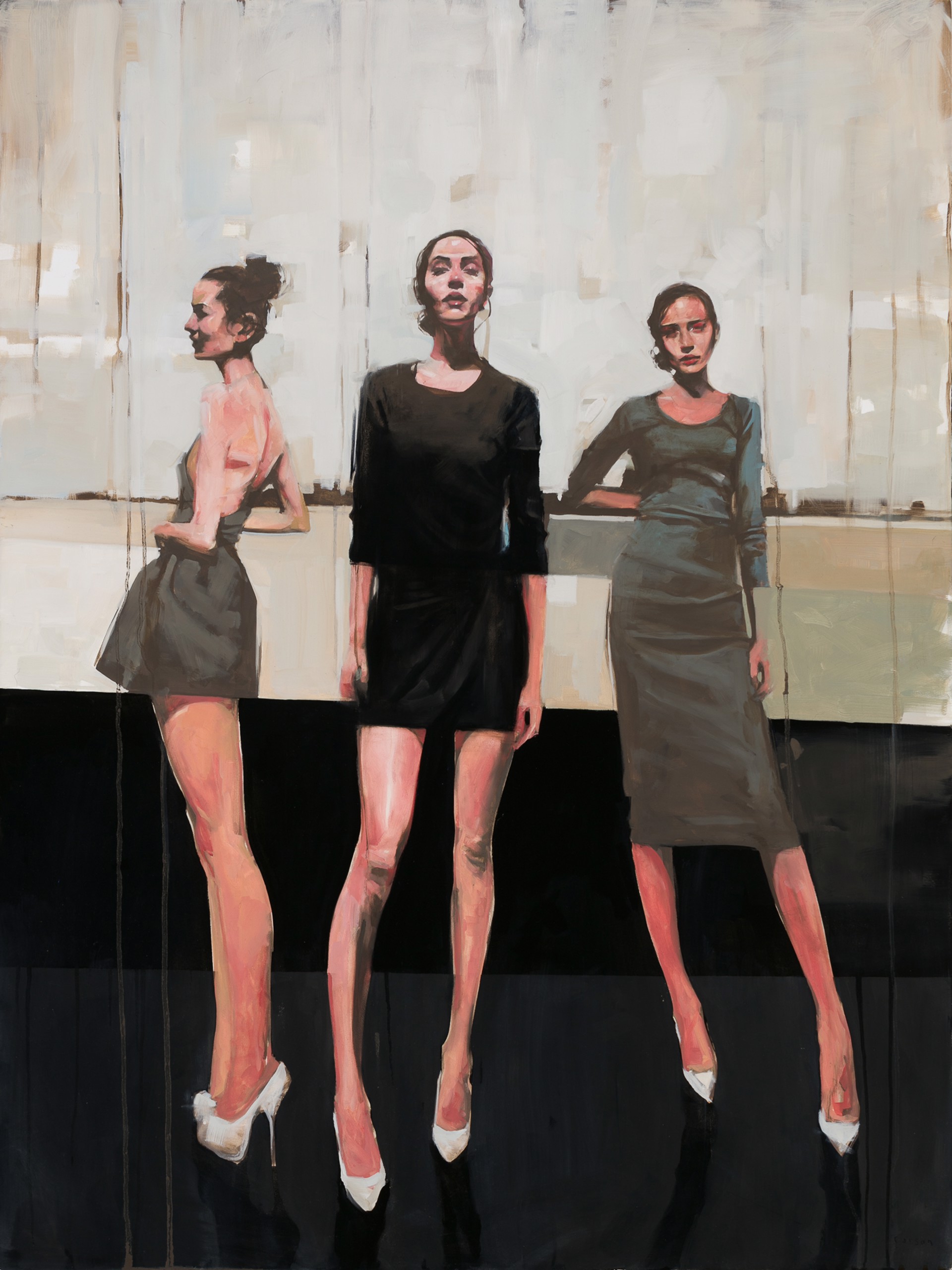 A painting of three women standing next to each other.