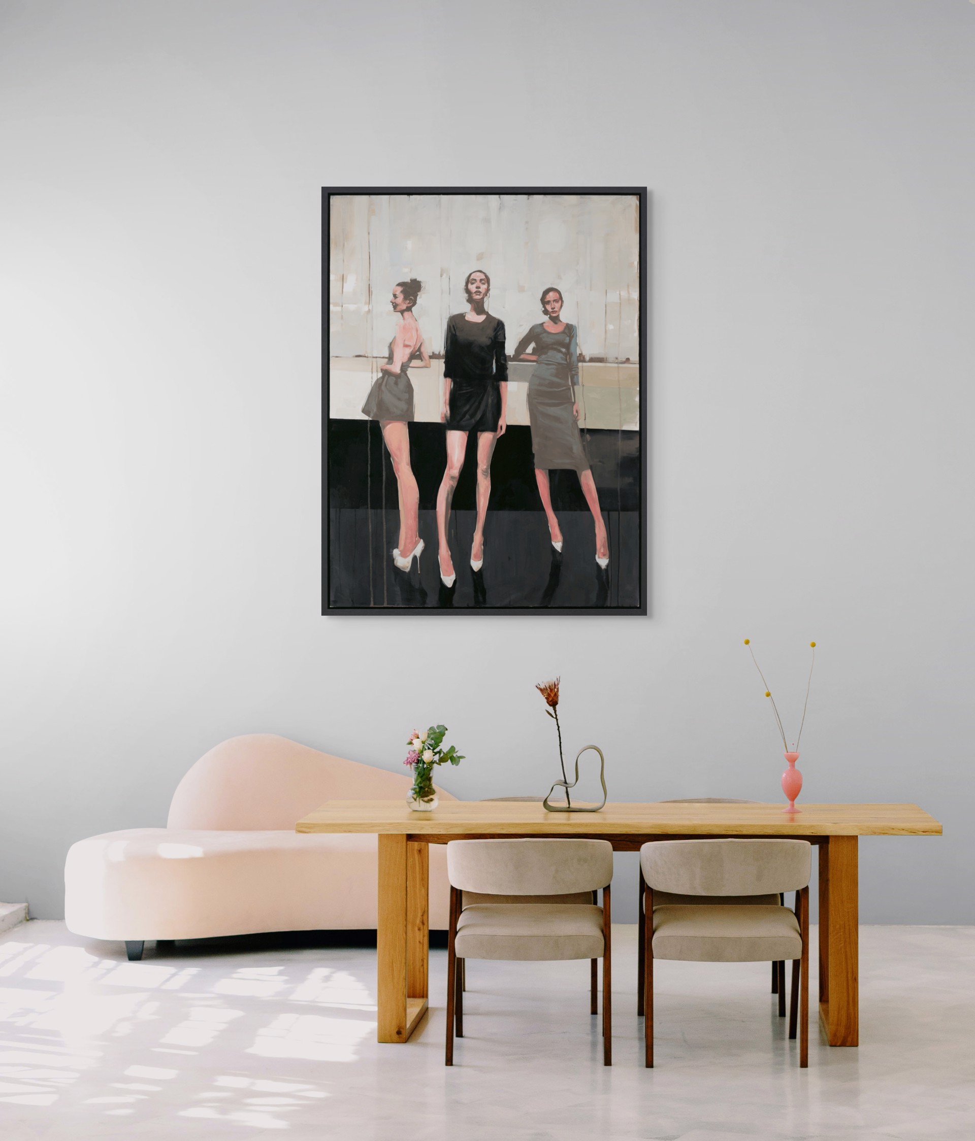A painting of three women standing next to each other.