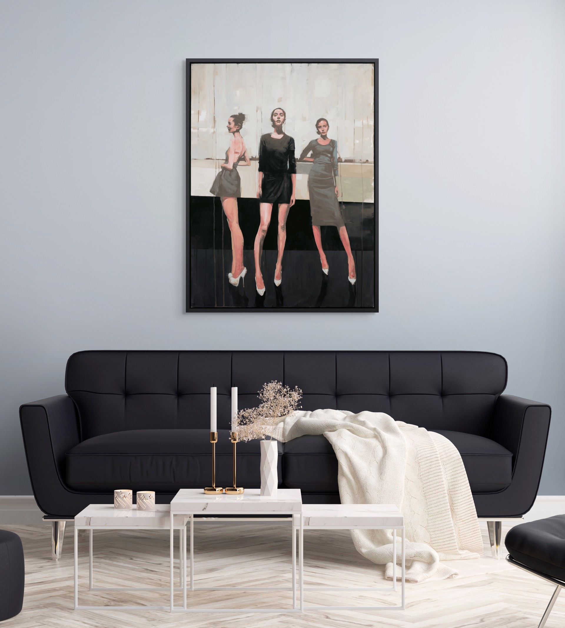 A painting of three women standing next to each other.