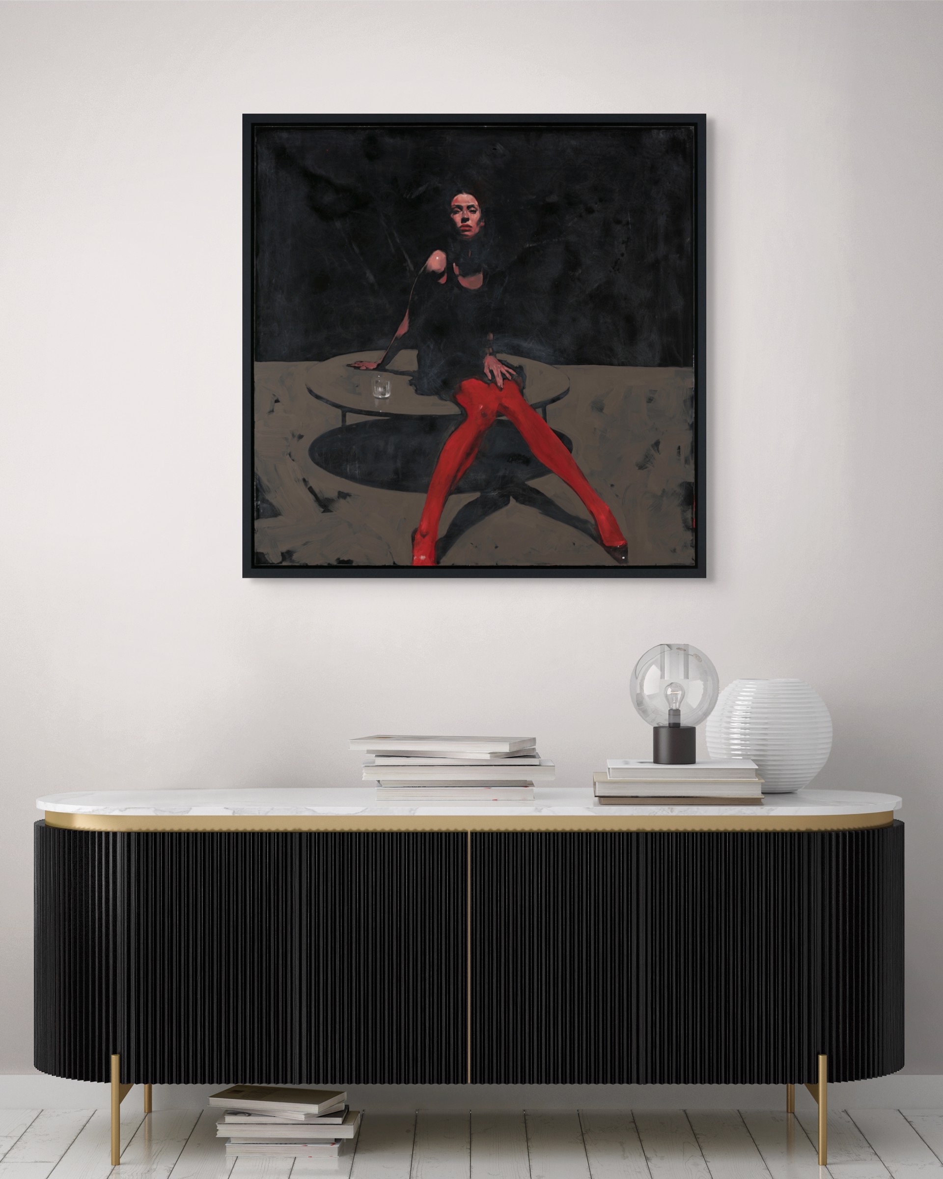A dramatic painting of a figure in red tights seated at a table against a dark background.