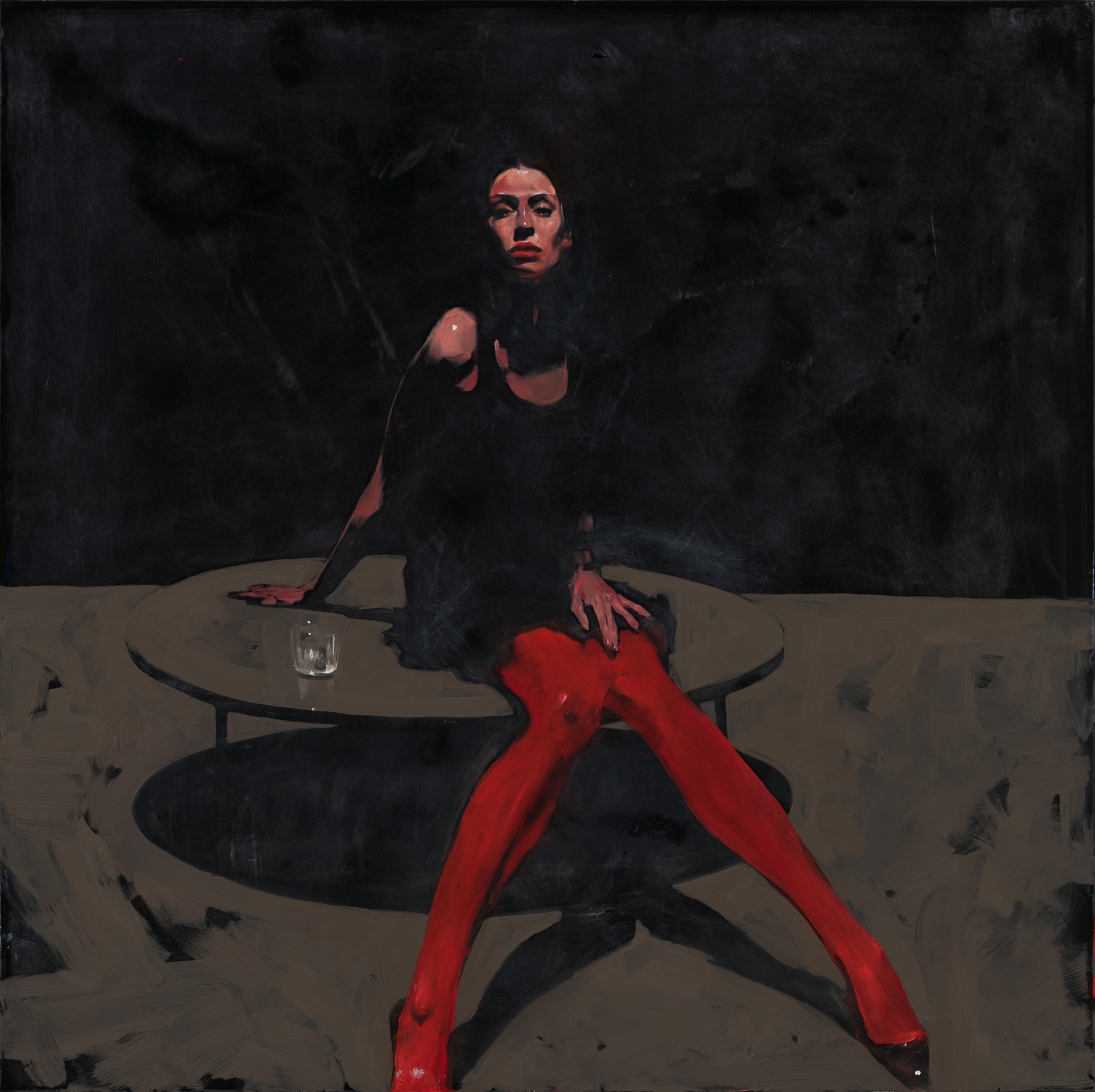A dramatic painting of a figure in red tights seated at a table against a dark background.