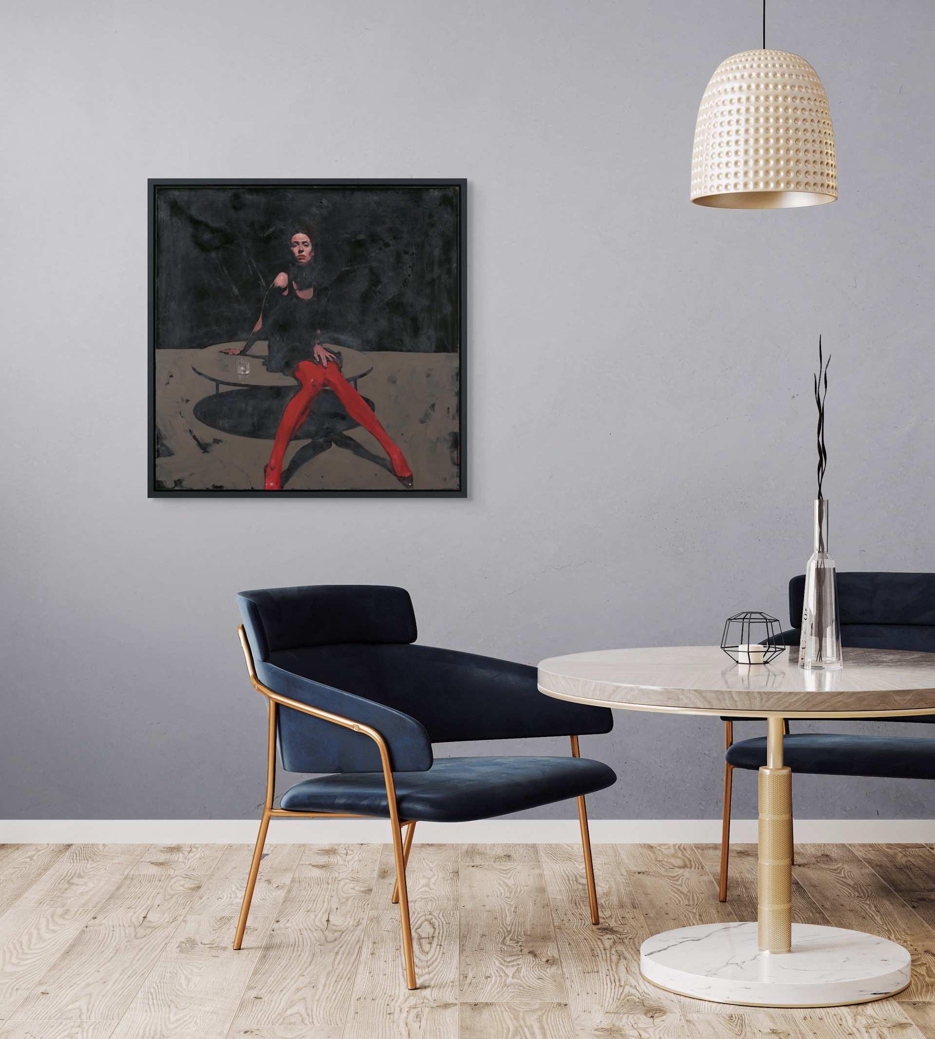 A dramatic painting of a figure in red tights seated at a table against a dark background.
