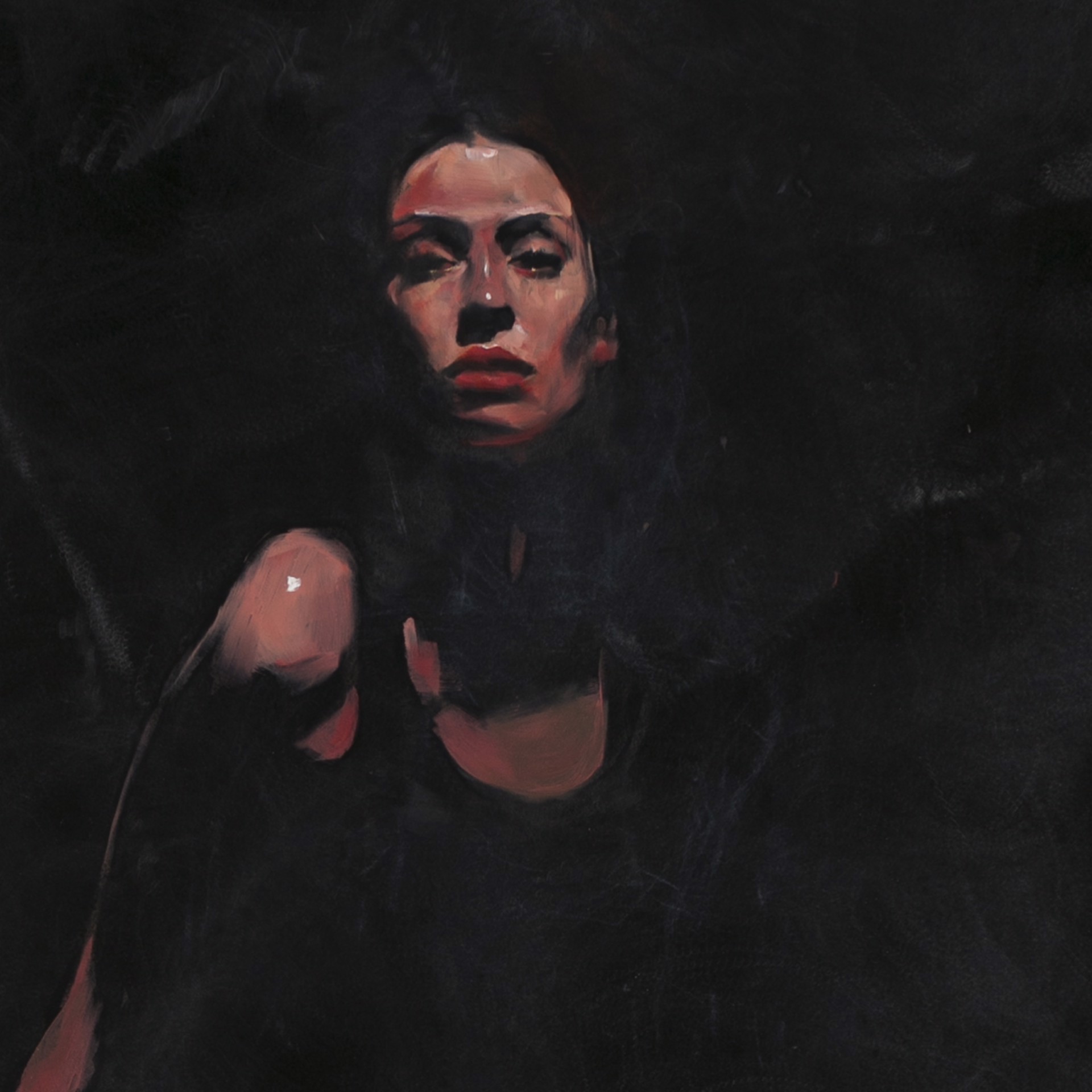 A dramatic painting of a figure in red tights seated at a table against a dark background.