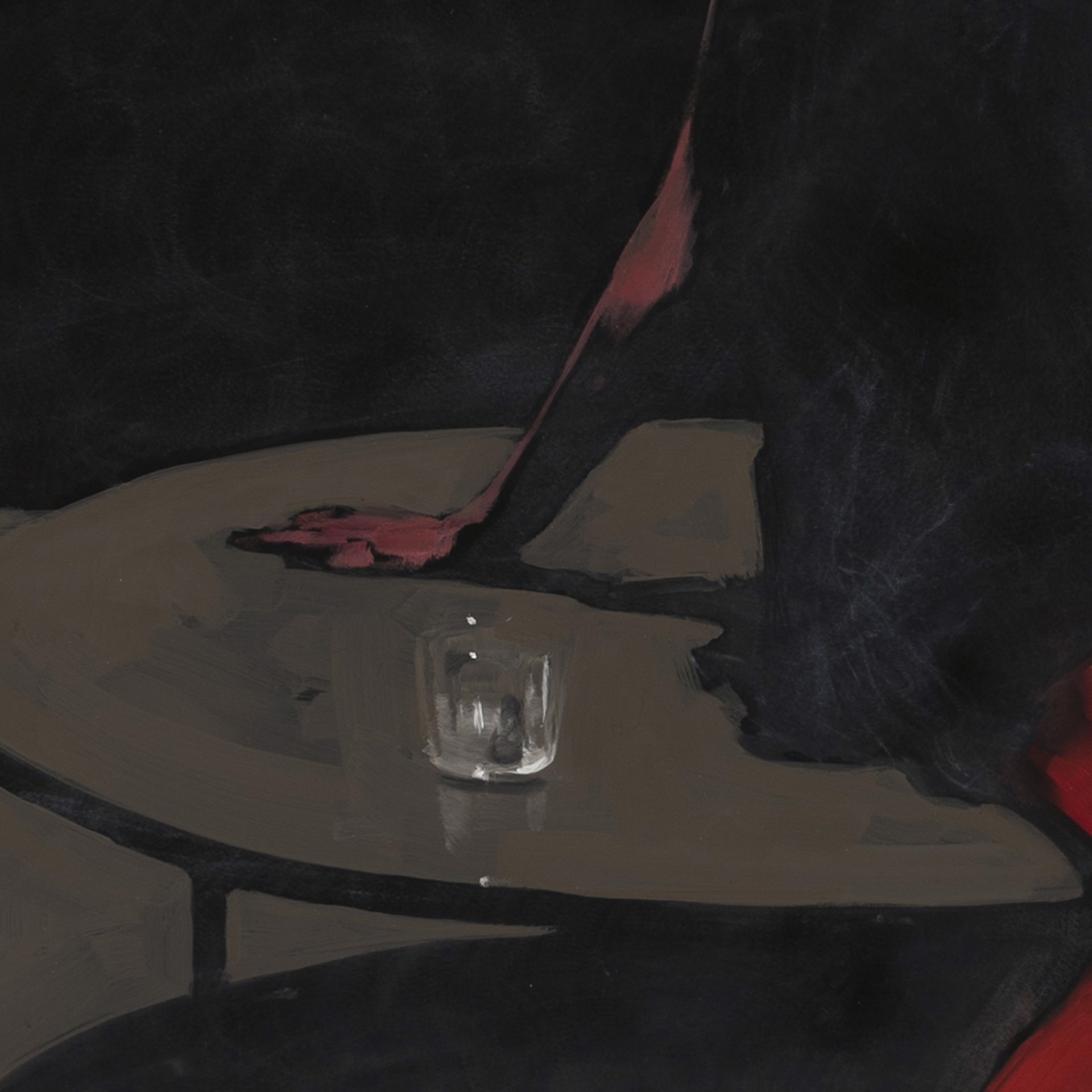 A dramatic painting of a figure in red tights seated at a table against a dark background.