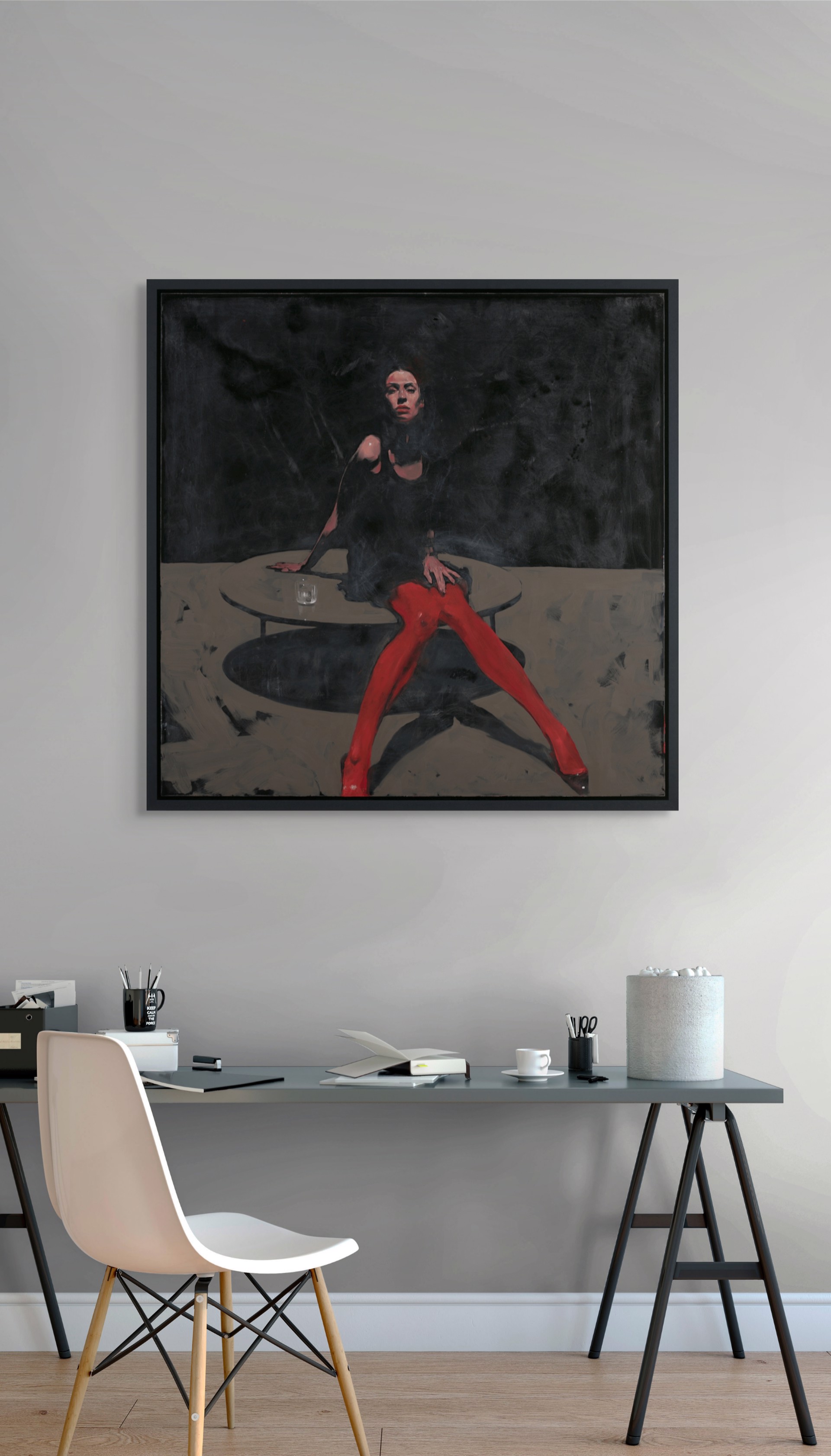 A dramatic painting of a figure in red tights seated at a table against a dark background.