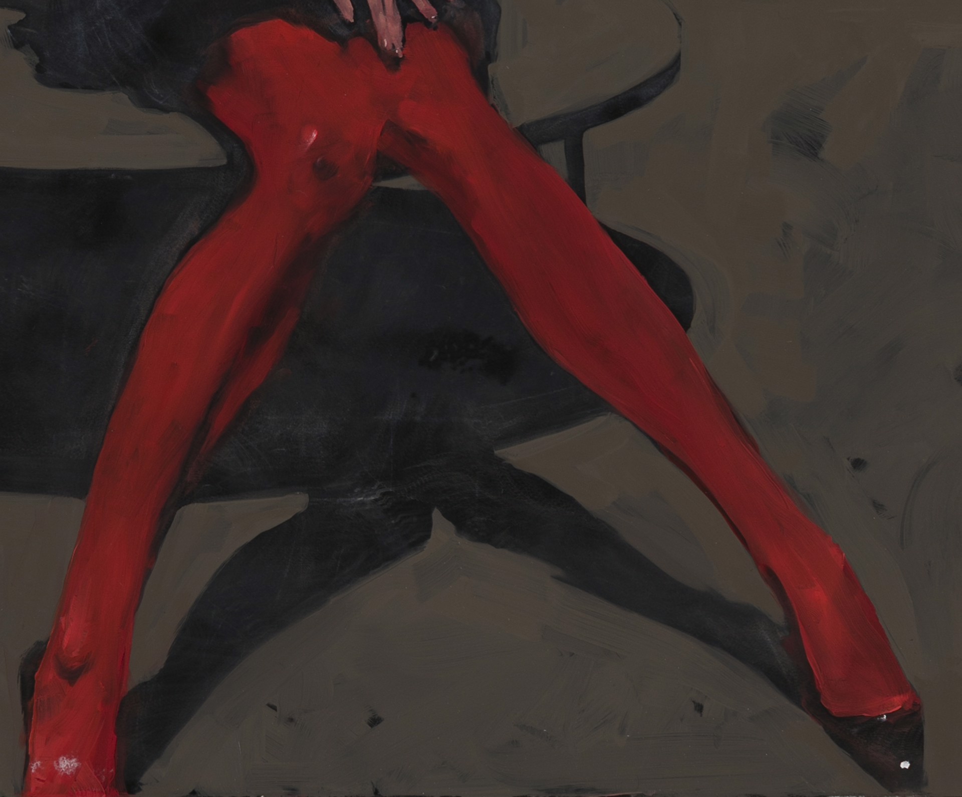 A dramatic painting of a figure in red tights seated at a table against a dark background.
