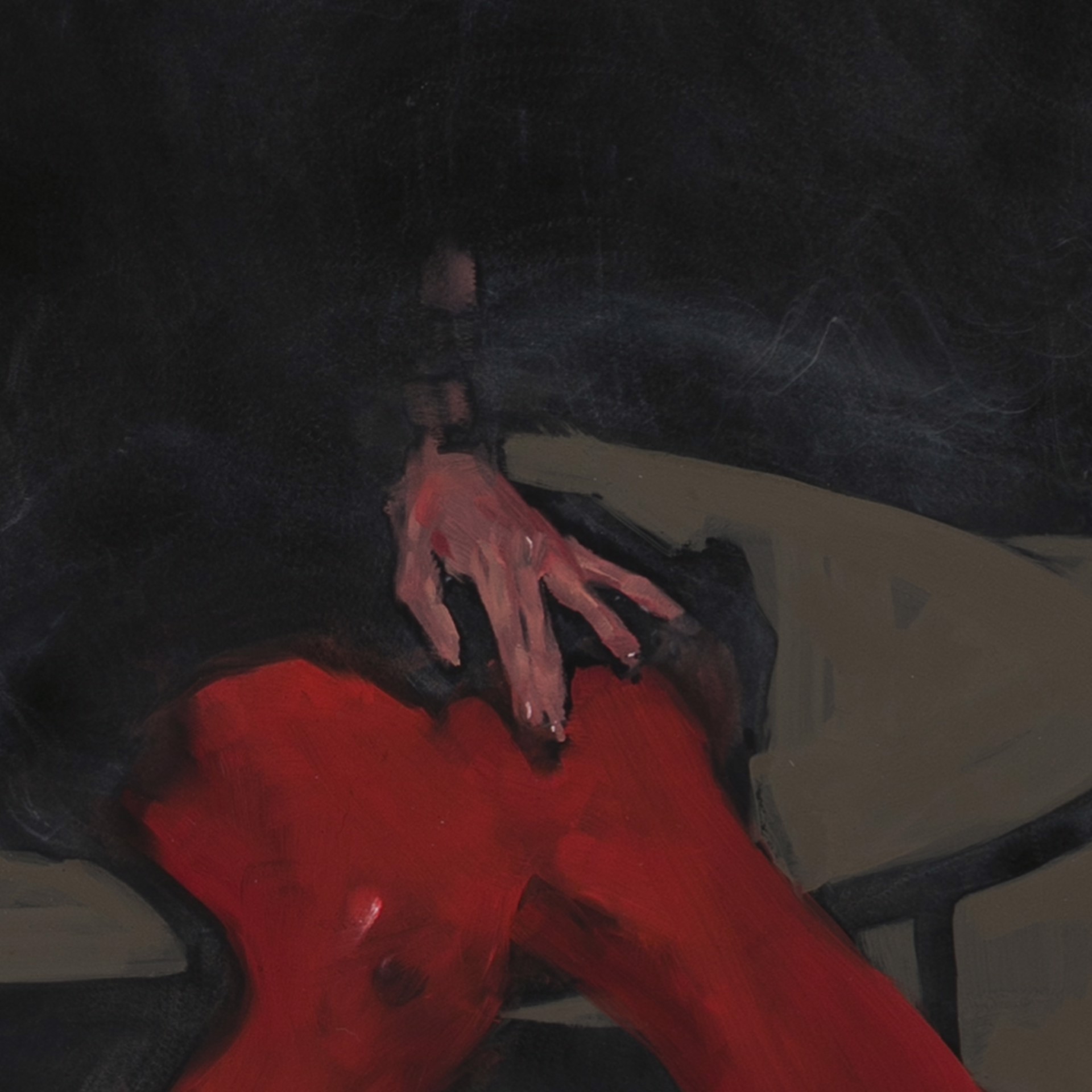 A dramatic painting of a figure in red tights seated at a table against a dark background.