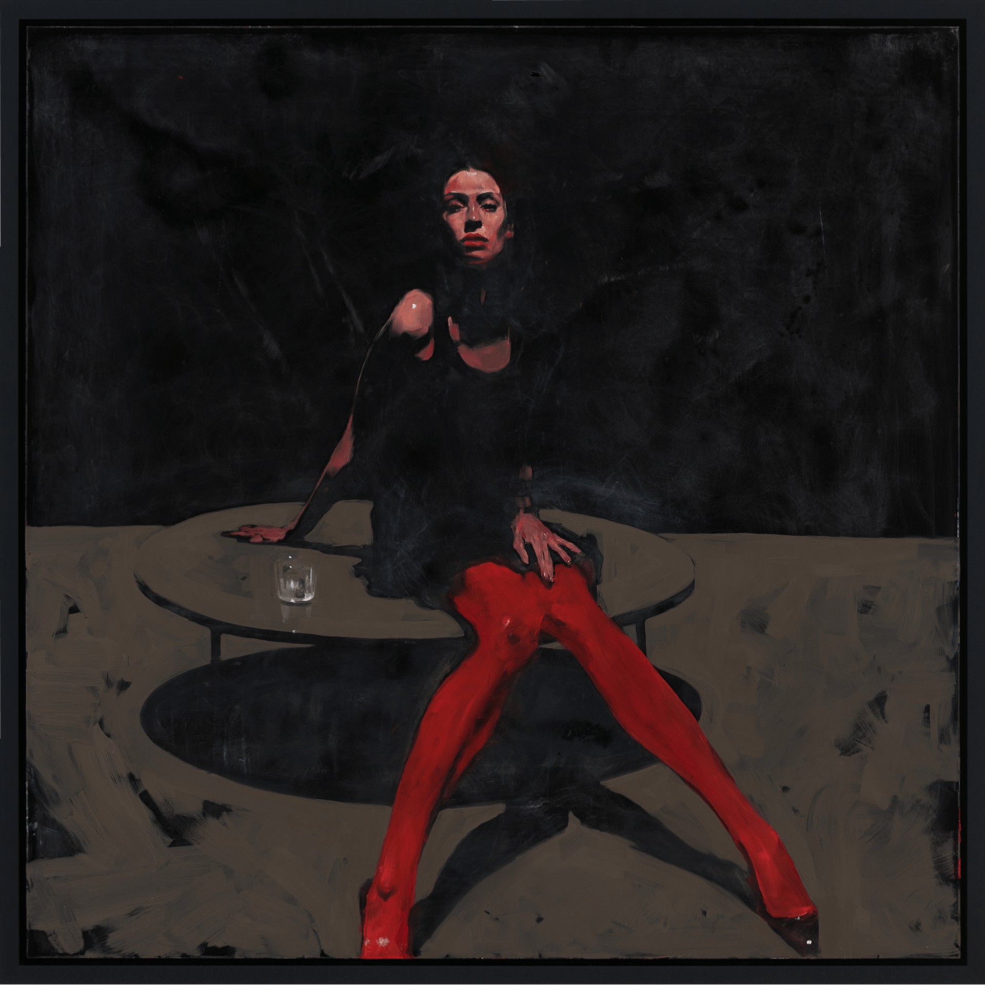 A dramatic painting of a figure in red tights seated at a table against a dark background.