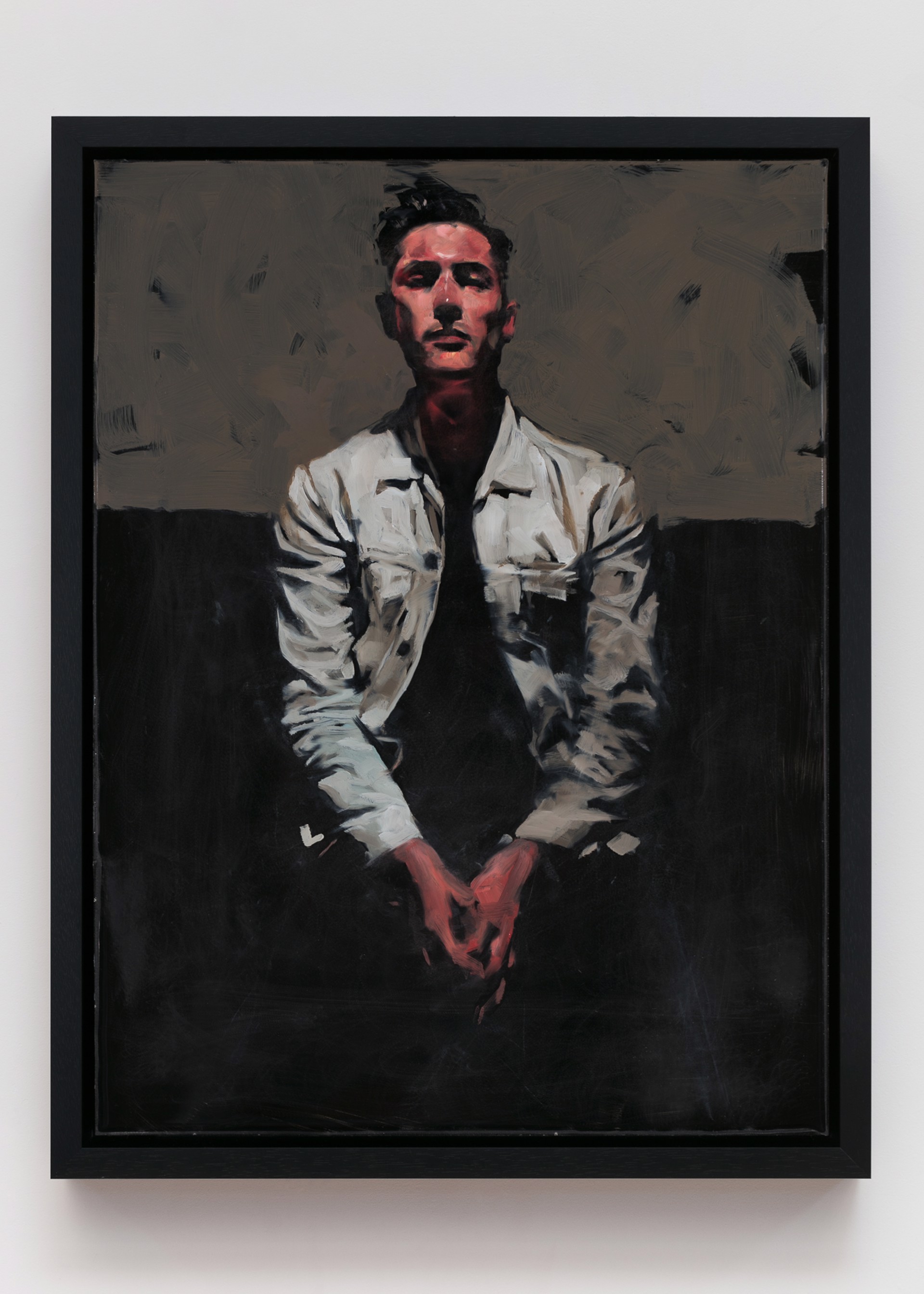 A painting of a man in a white shirt and black tie.