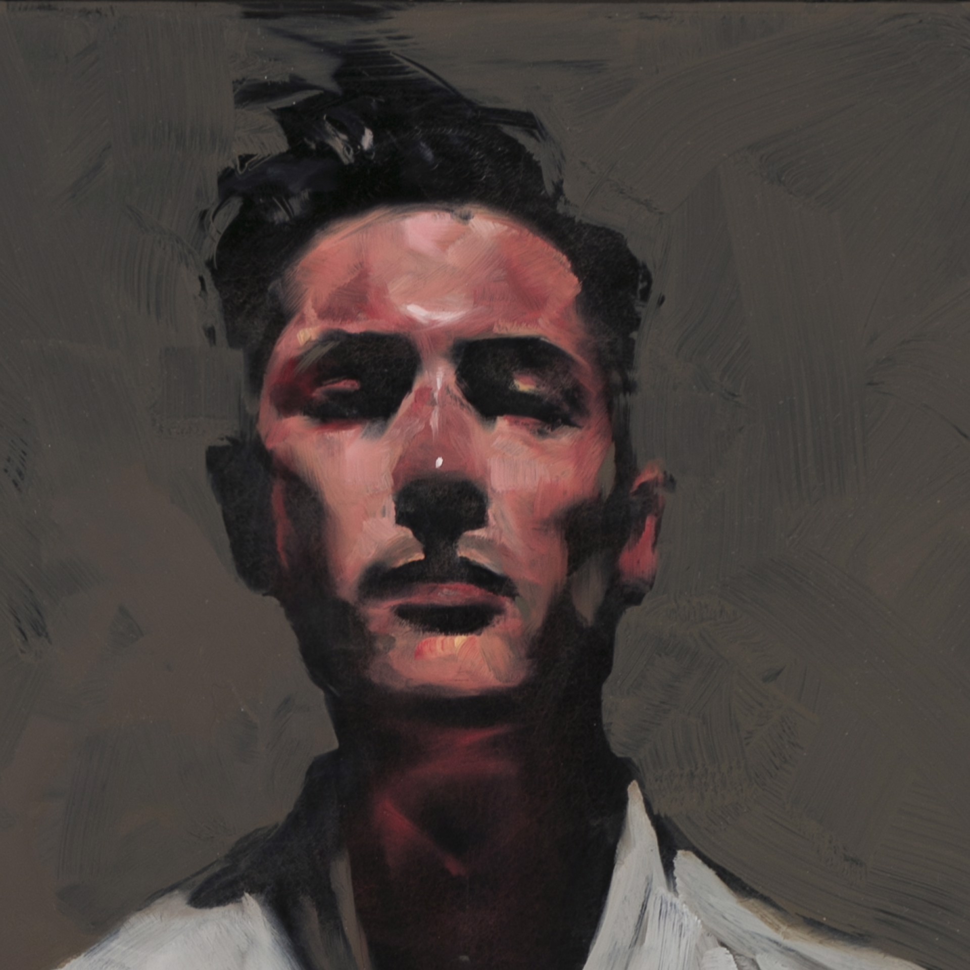 A painting of a man in a white shirt and black tie.