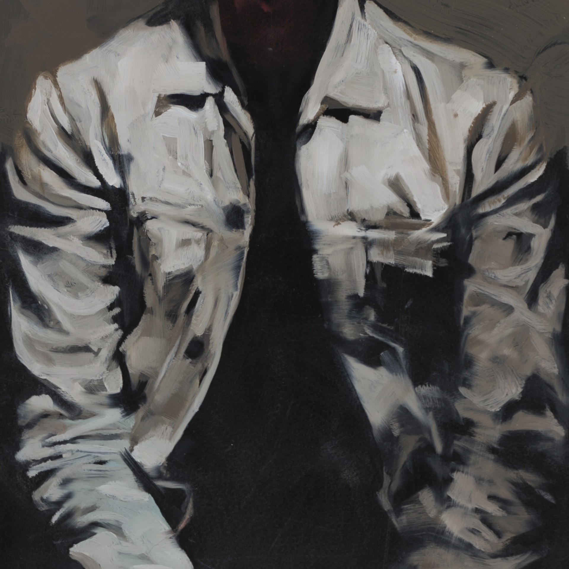 A painting of a man in a white shirt and black tie.