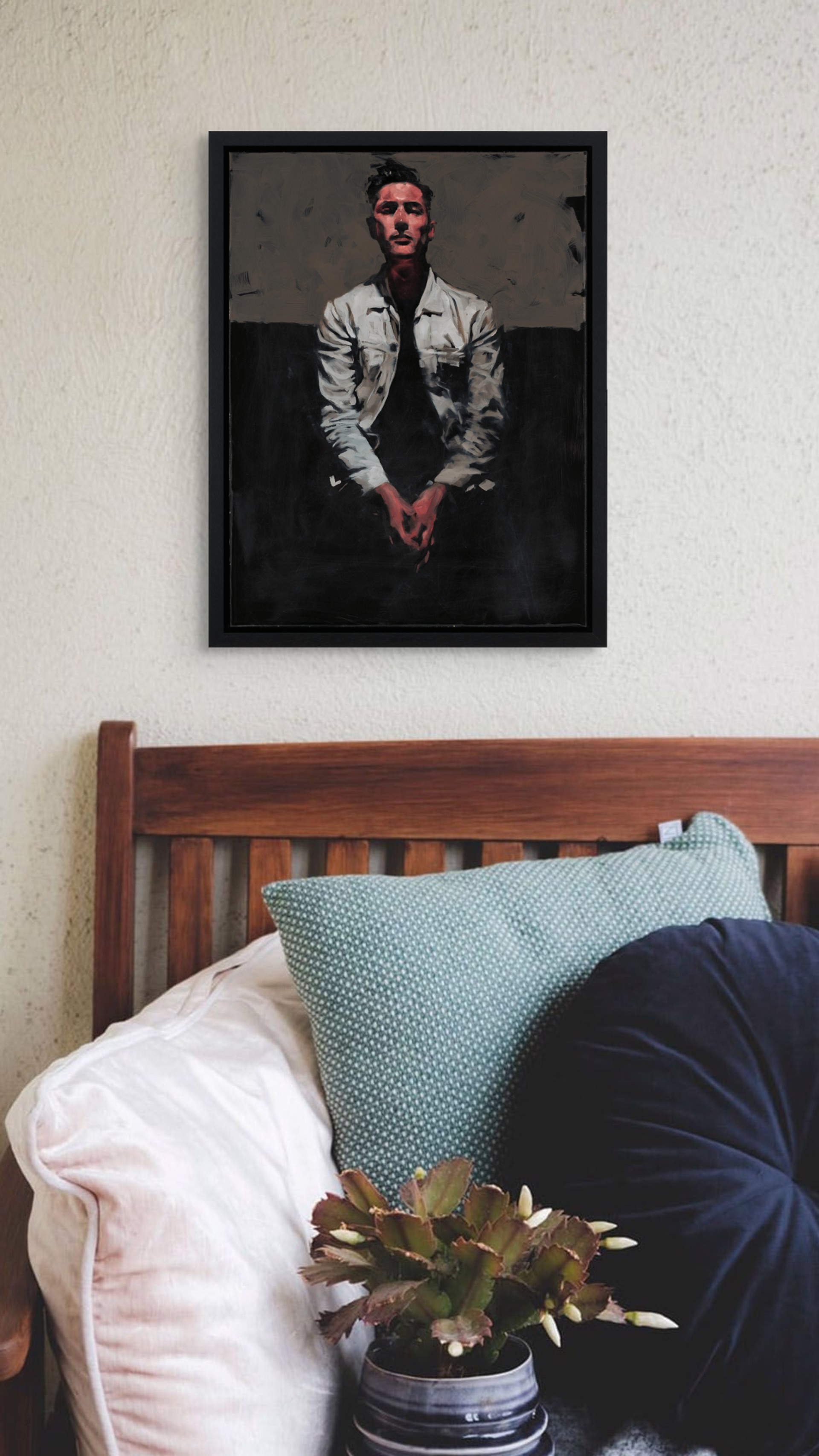 A painting of a man in a white shirt and black tie.