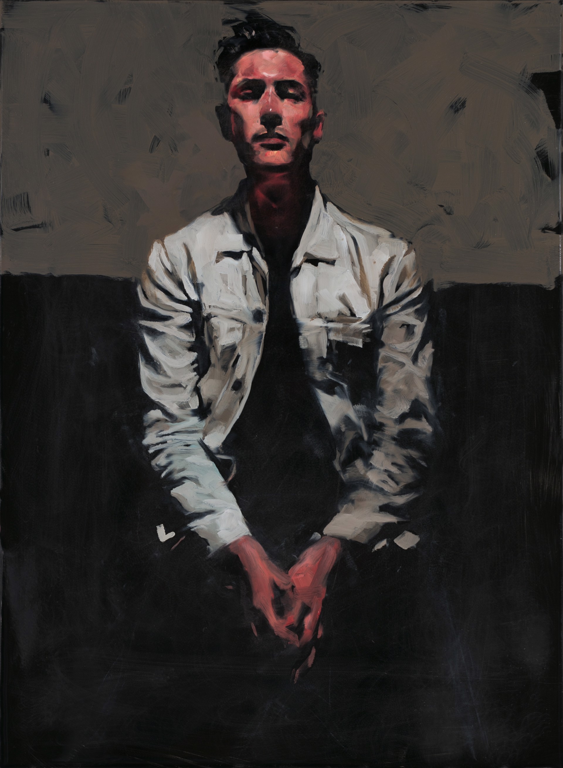 A painting of a man in a white shirt and black tie.