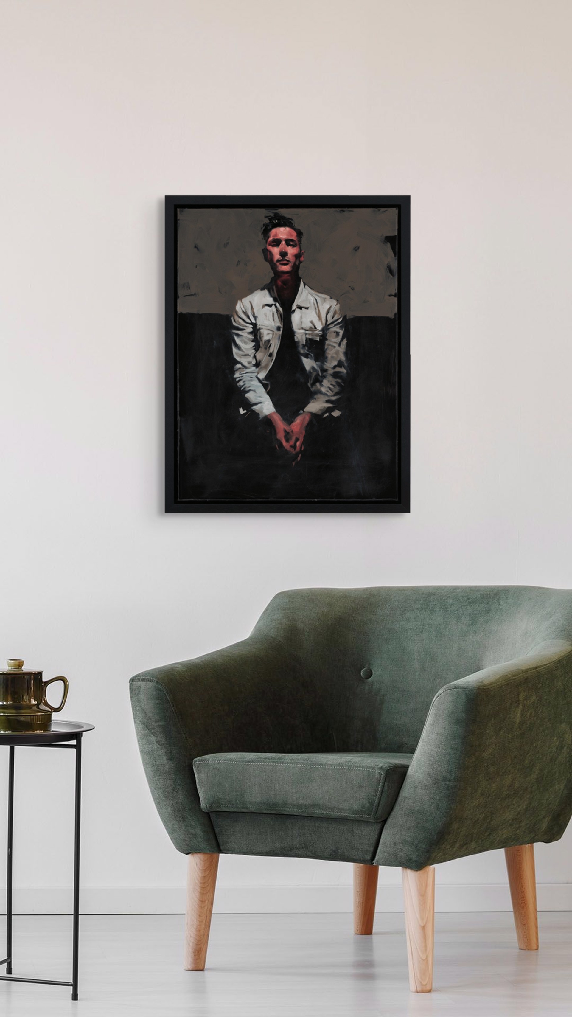 A painting of a man in a white shirt and black tie.