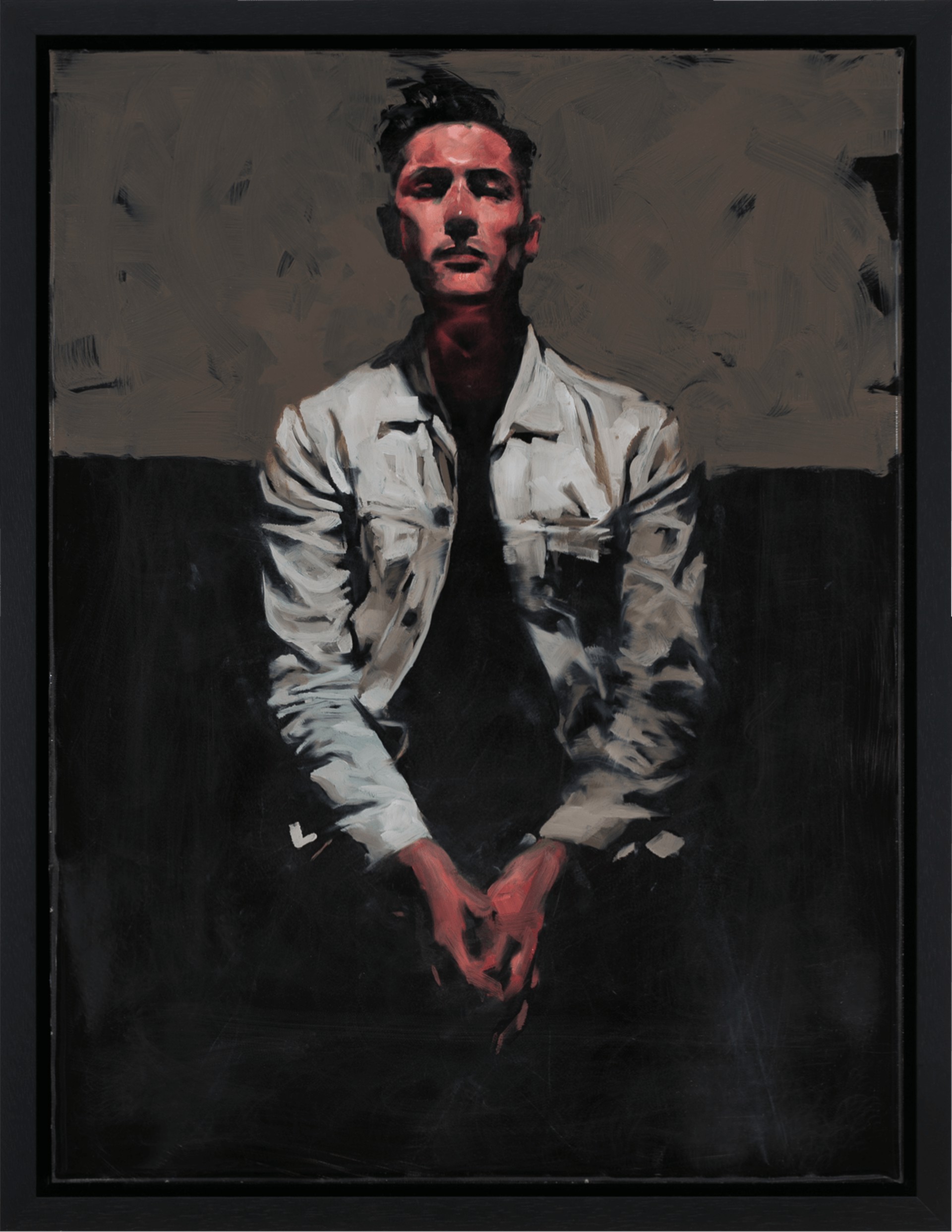 A painting of a man in a white shirt and black tie.