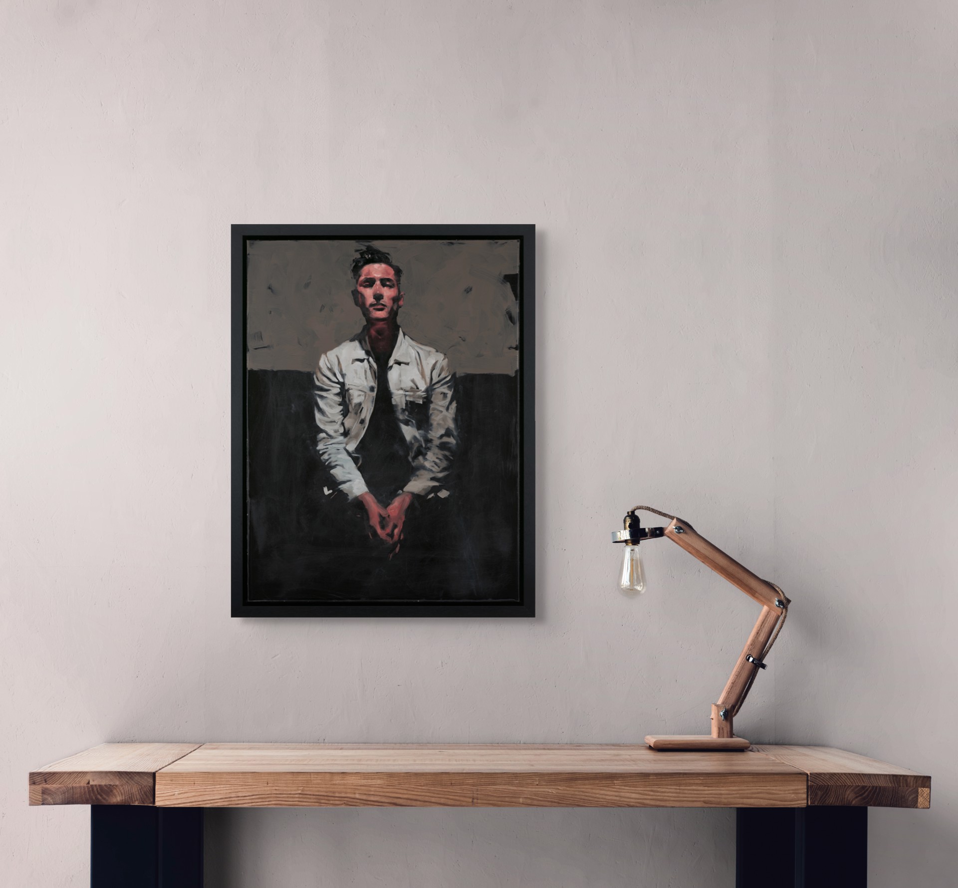 A painting of a man in a white shirt and black tie.