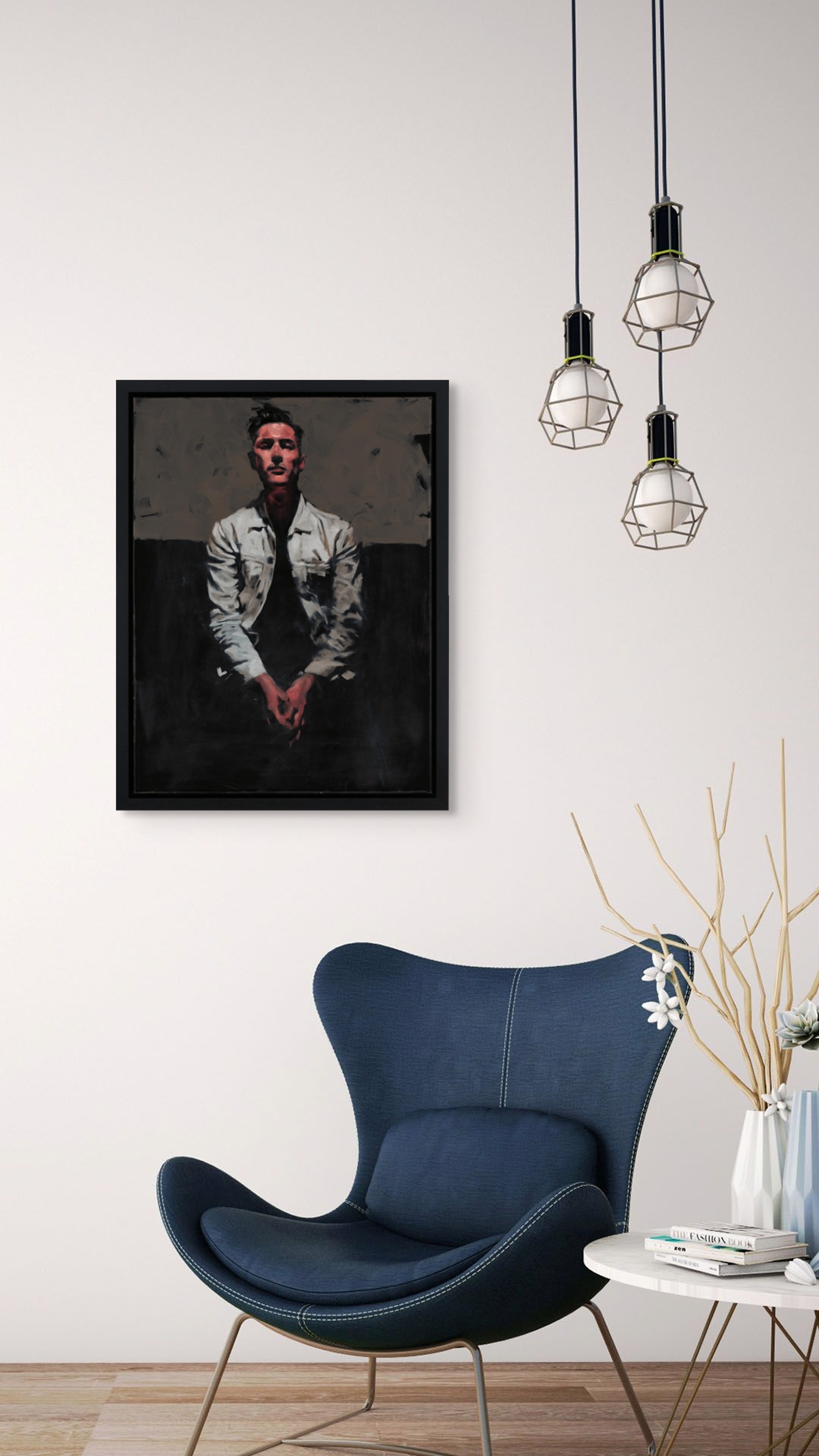 A painting of a man in a white shirt and black tie.