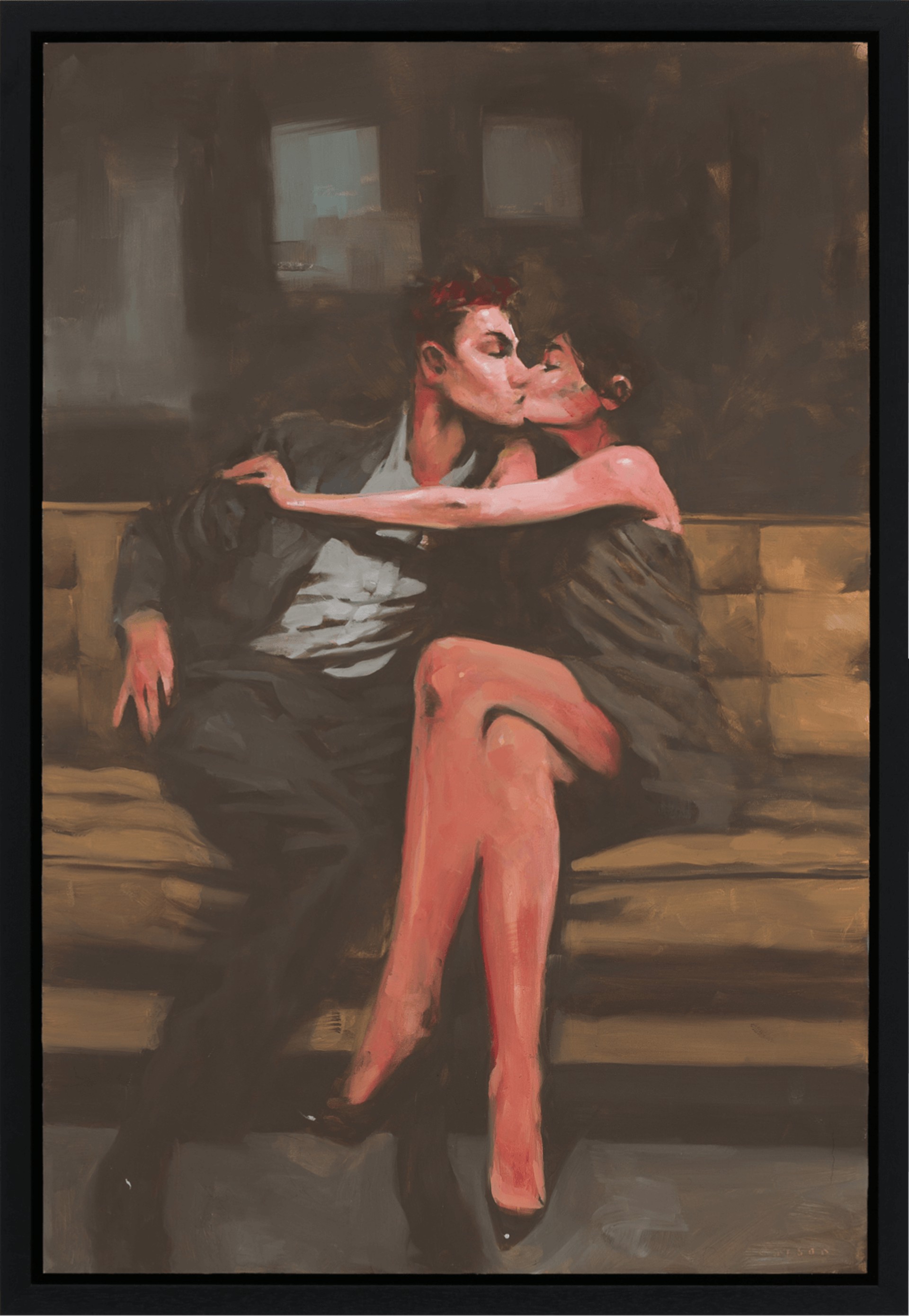 A painting of a man and woman sitting on a bench.