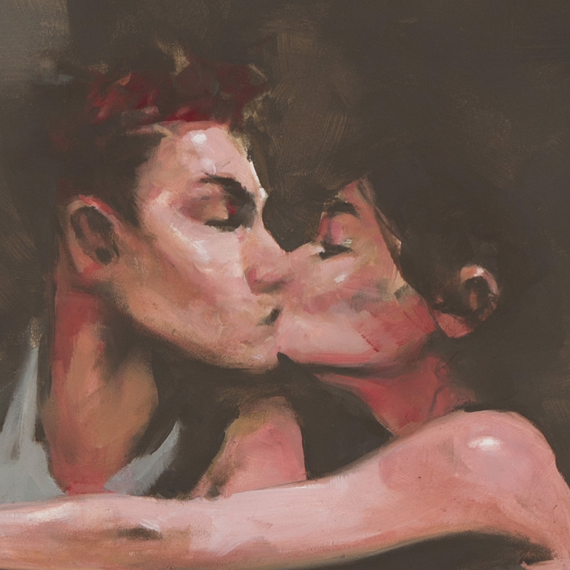 A painting of a man and woman sitting on a bench.