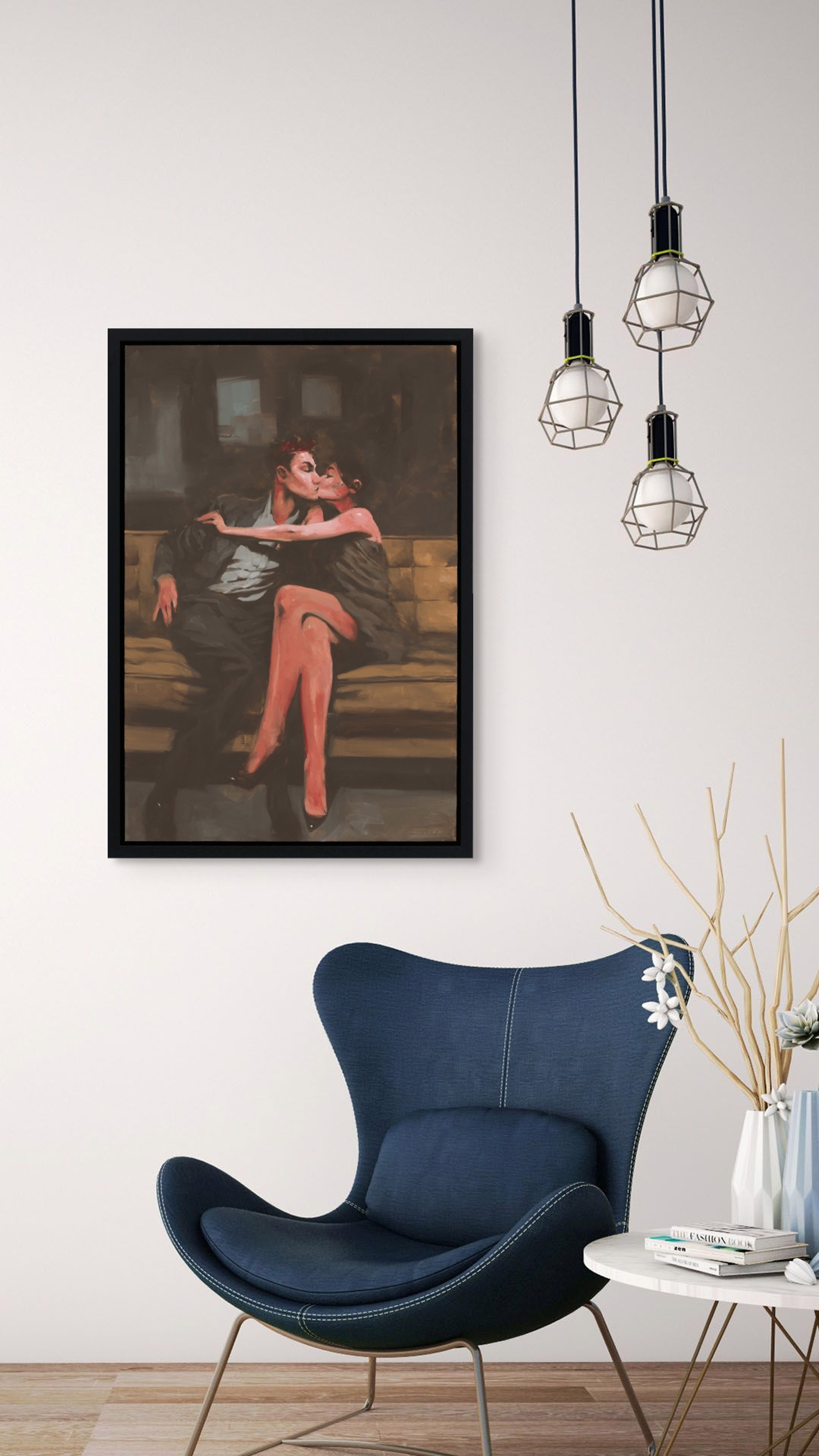A painting of a man and woman sitting on a bench.