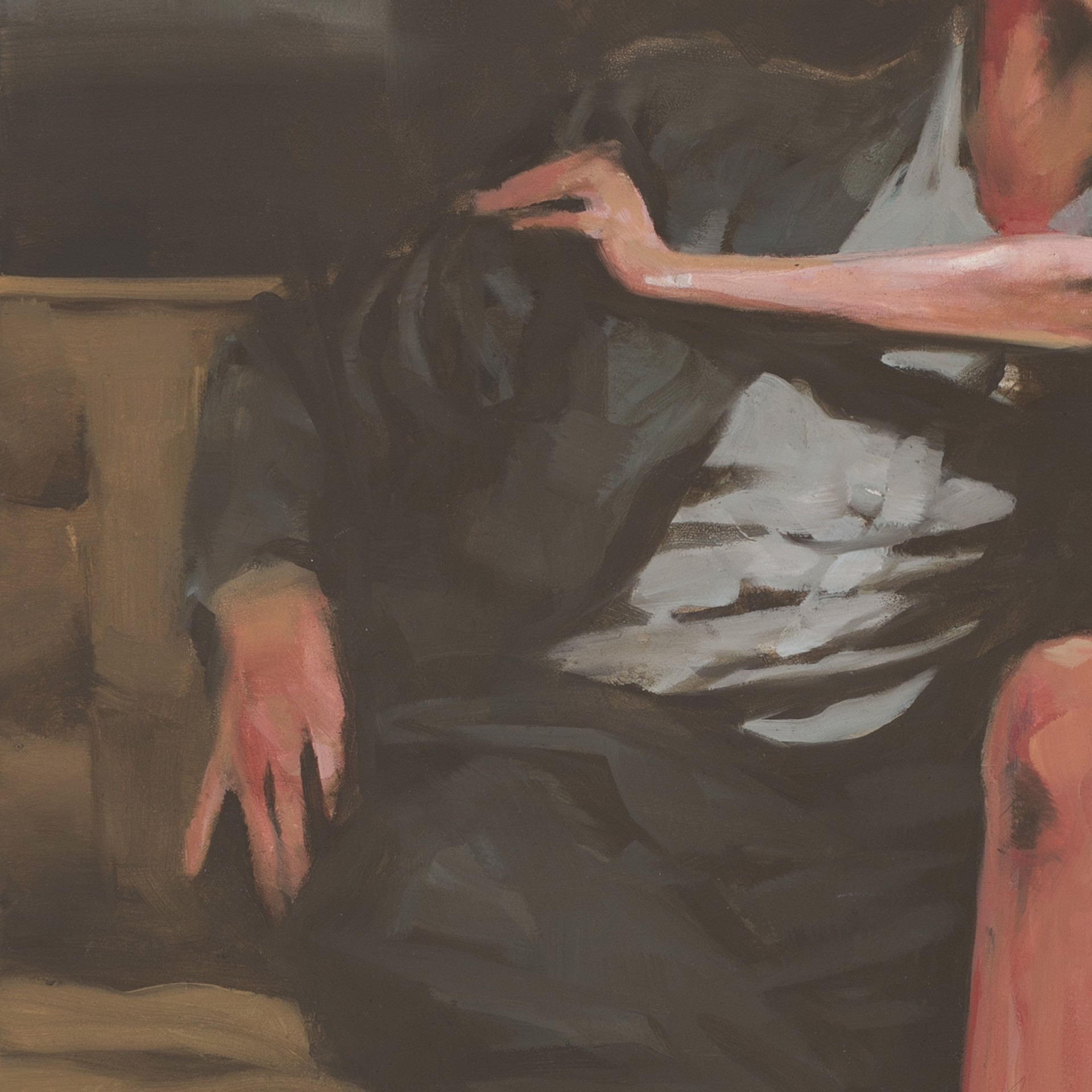 A painting of a man and woman sitting on a bench.