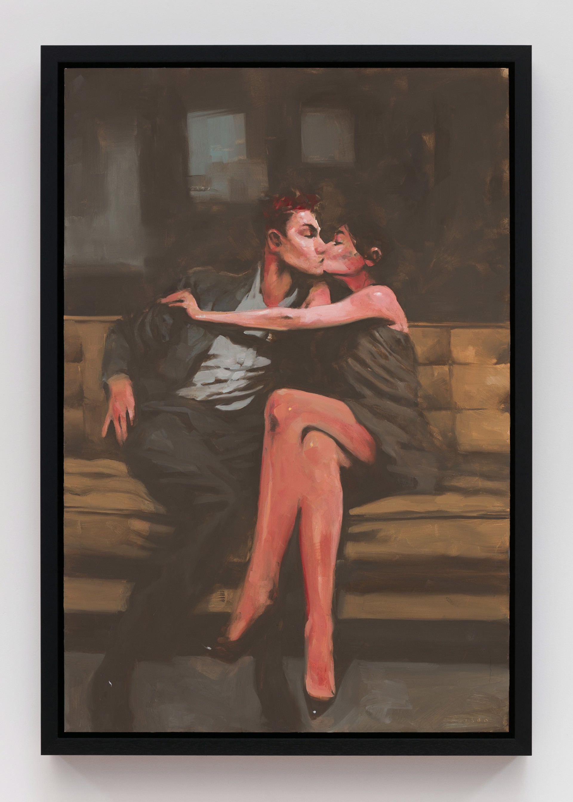 A painting of a man and woman sitting on a bench.