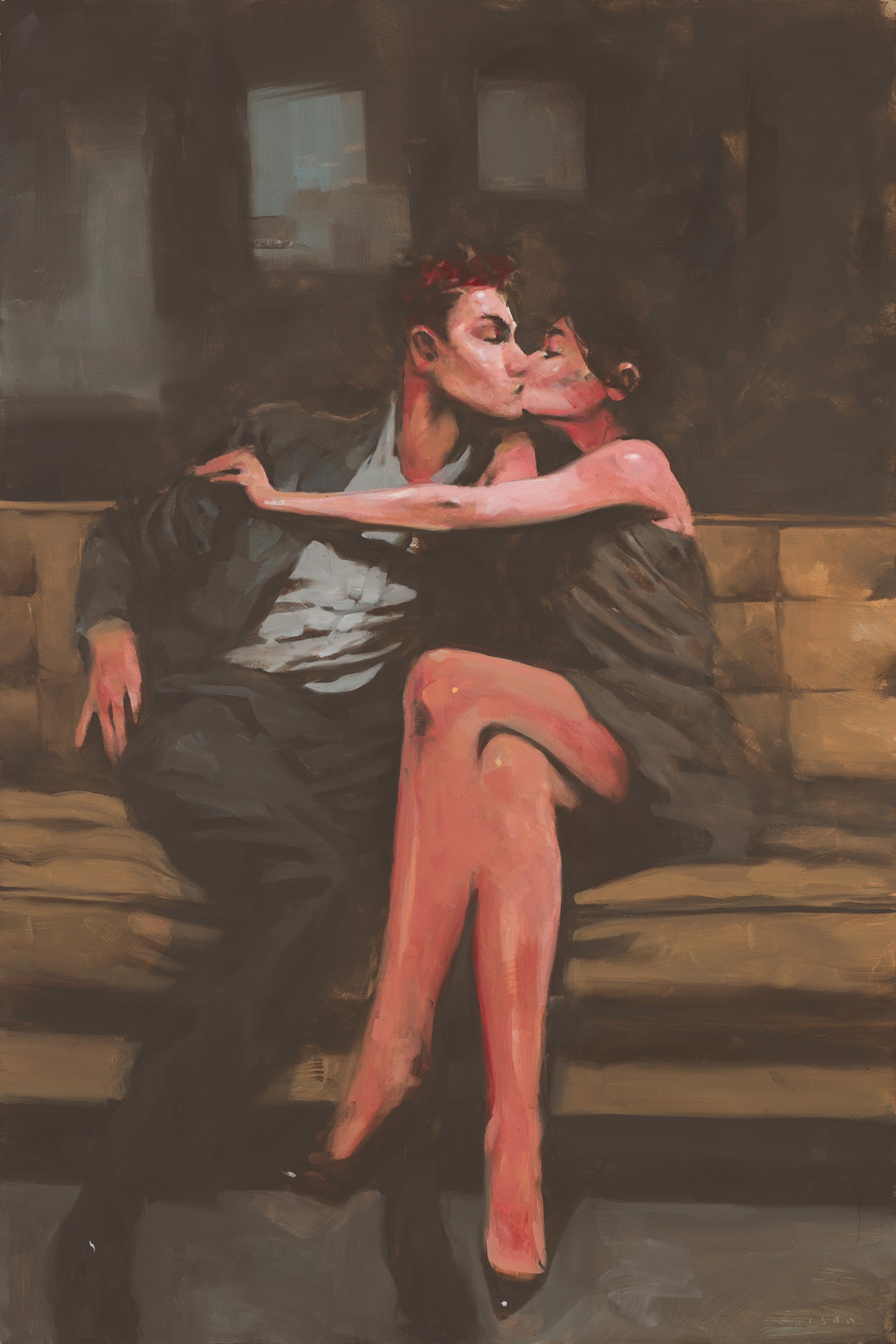A painting of a man and woman sitting on a bench.