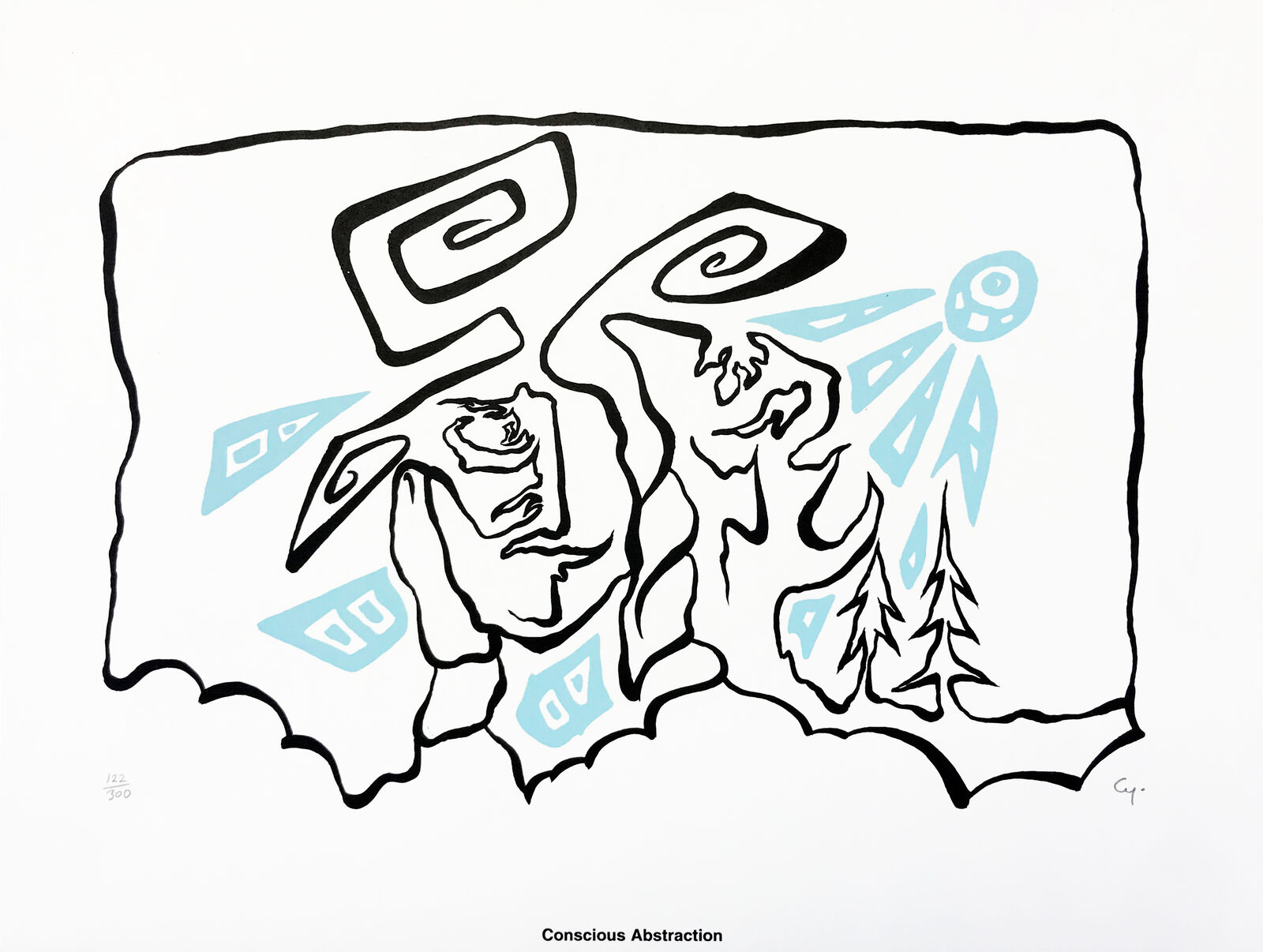 A black and white drawing of a haida bear and a bear cub.