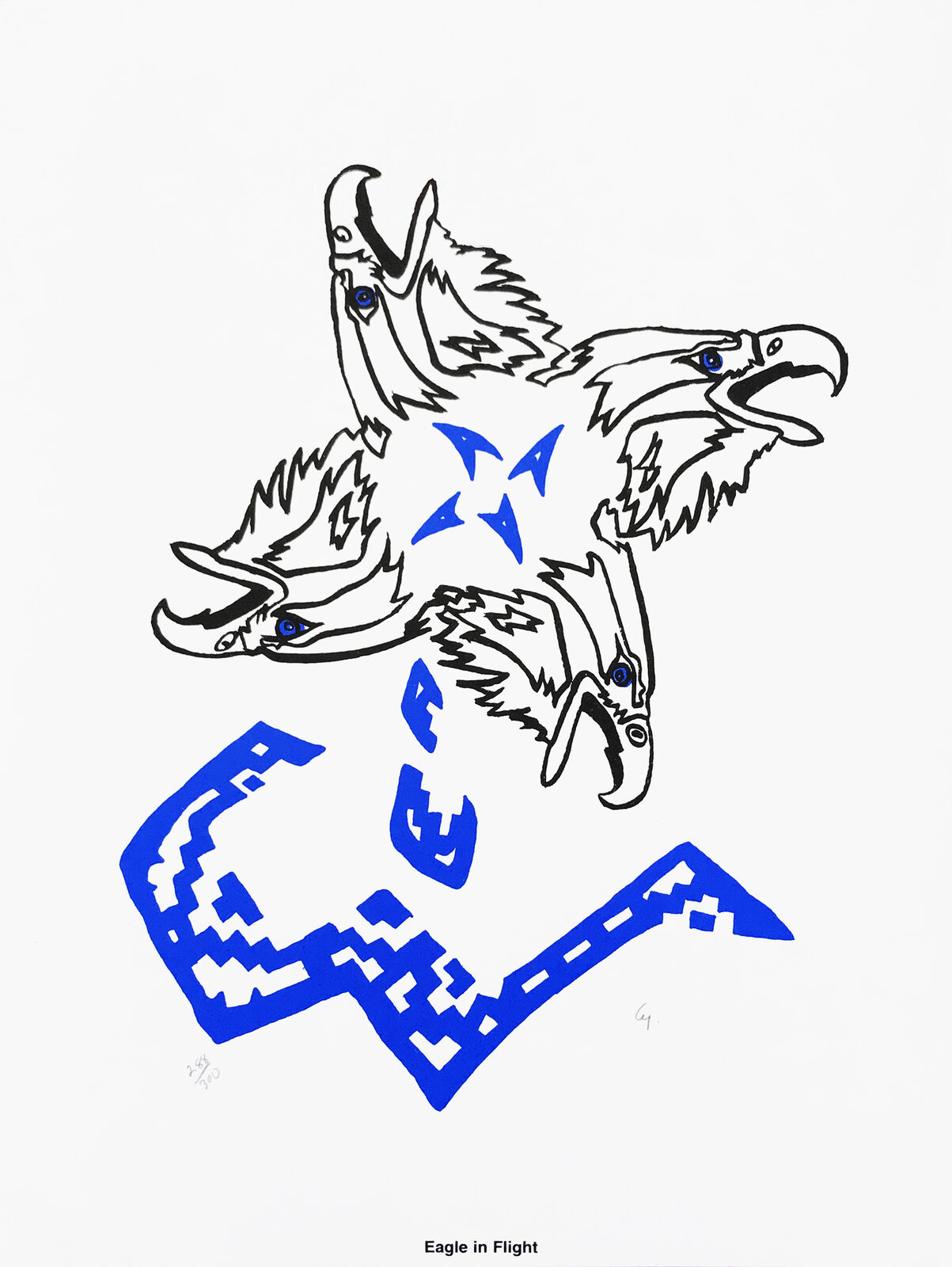 A drawing of an eagle flying over a blue and white logo.