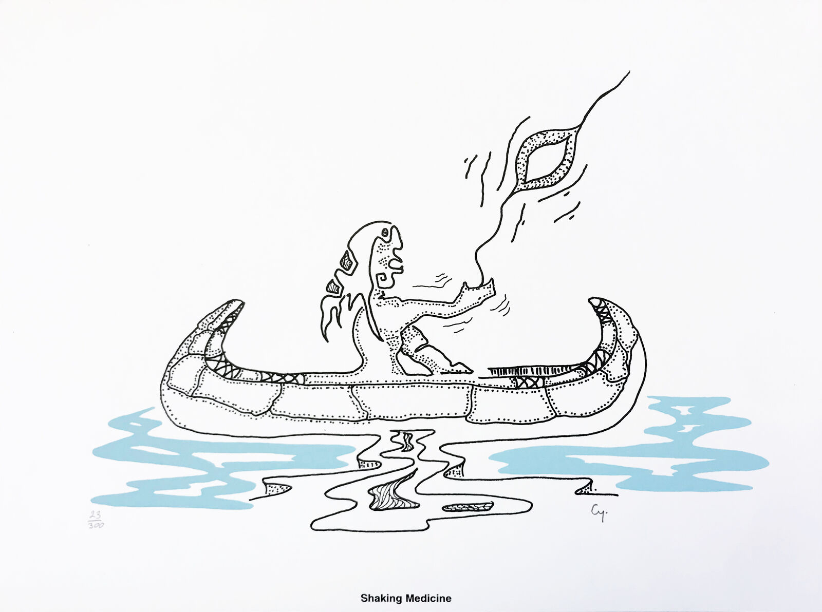 A drawing of a man in a canoe with a snake coming out of it.