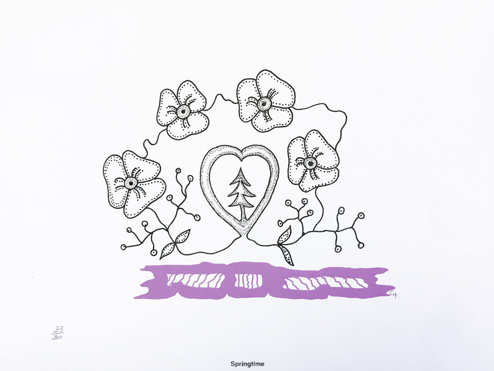 A drawing of a heart surrounded by flowers and a tree.