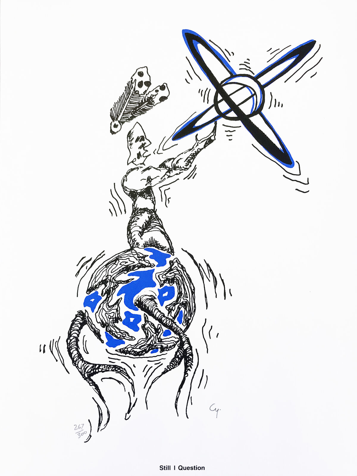 A drawing of a man flying a kite over a globe.