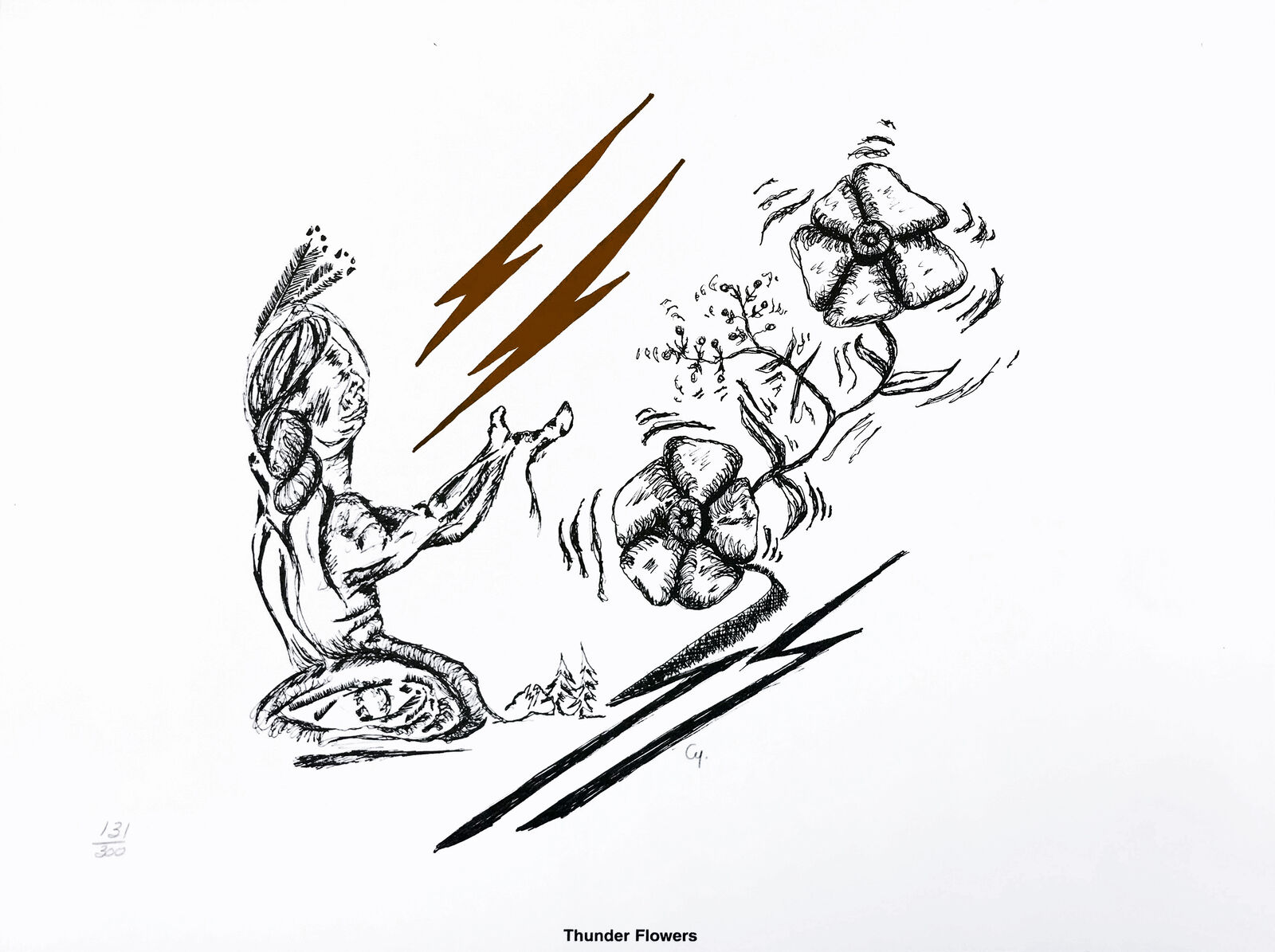 A drawing of a woman kneeling in front of a lightning bolt.