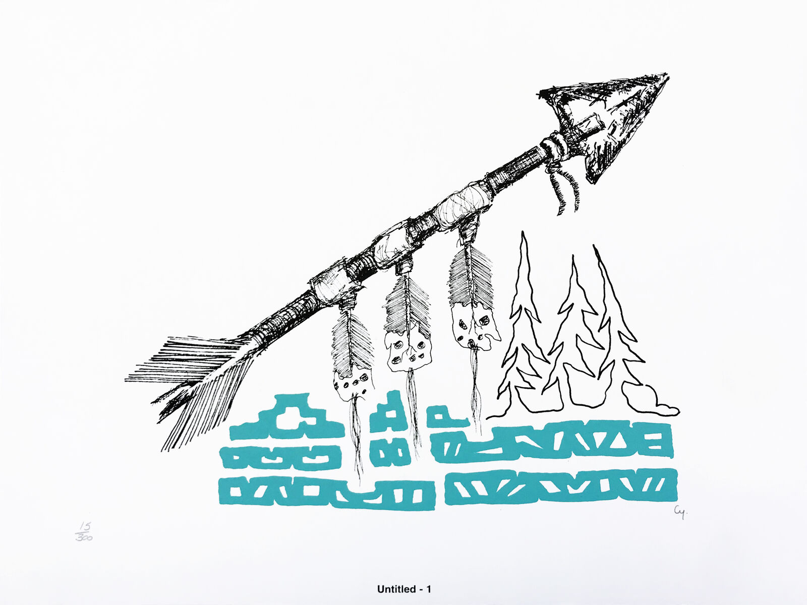 A drawing of an arrow with feathers on it.